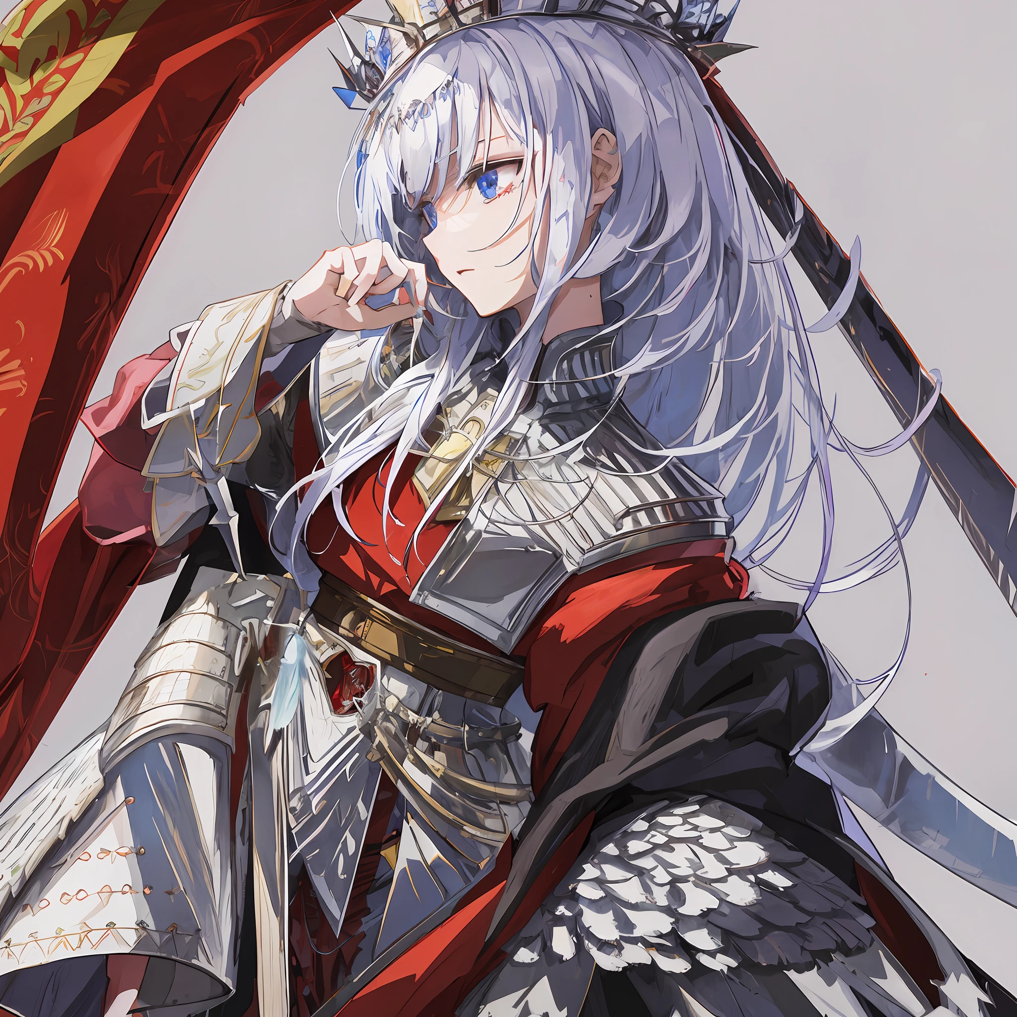 Master masterpiece, anime character with red cape, white hair, queen, jewel crown, noble and exquisite armor and cape, background with a long pole flag, clear hands, best anime 4k wallpaper, fus rei, female anime character, high detail official artwork, detailed digital anime art, detailed anime art, clean and refreshing detailed anime art, detailed key anime art