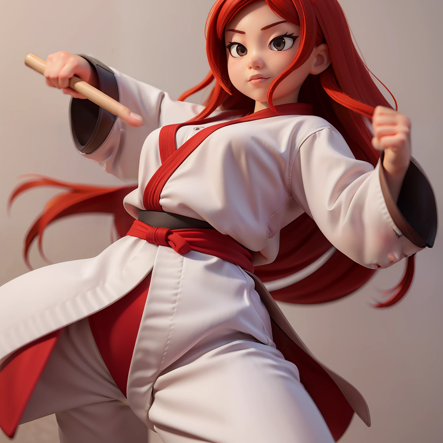 Short Chubby Asian Girl with Long Red Hair doing martial arts. Manga Sketch