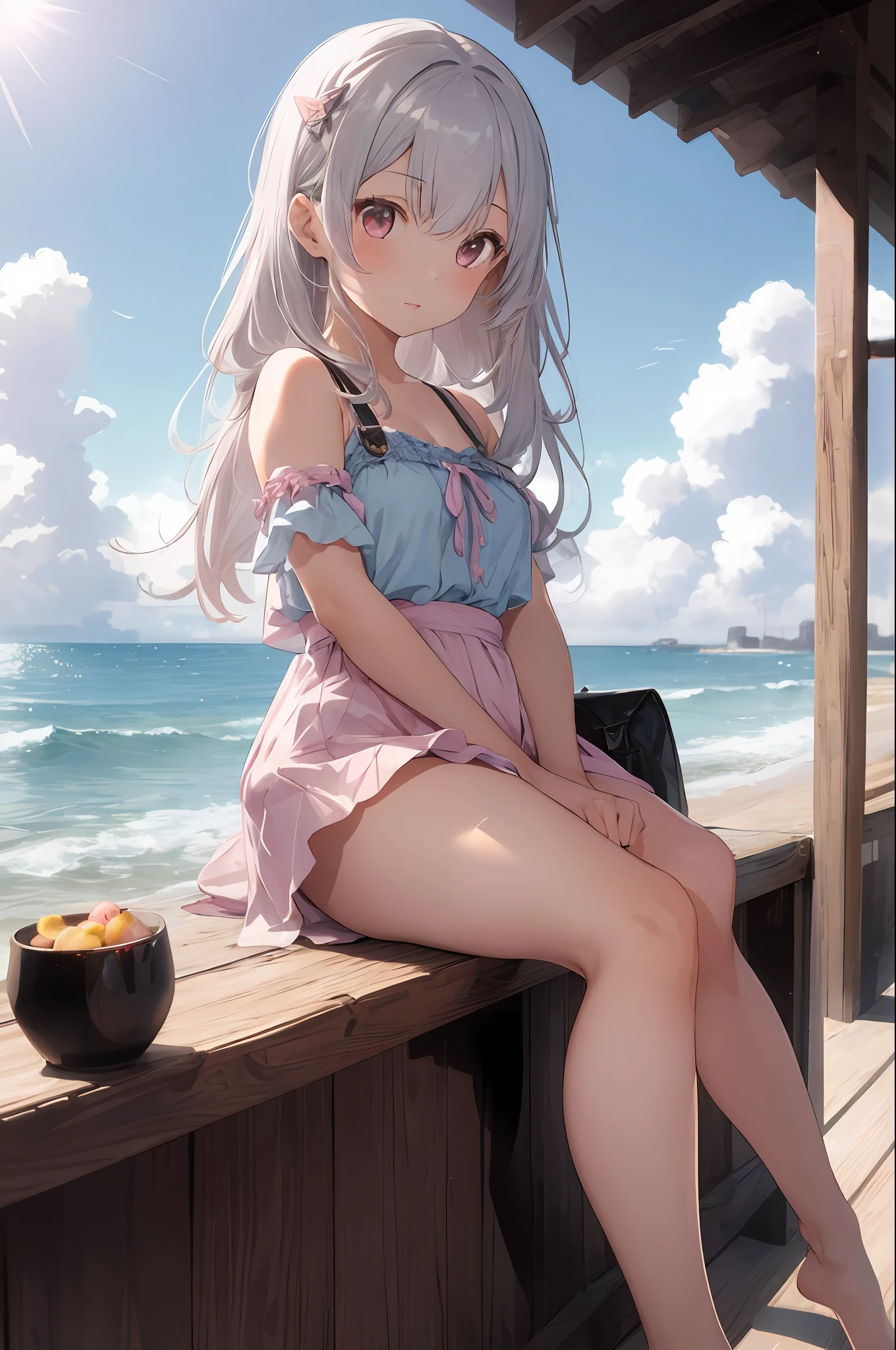 1girl, colorful strands of hair, lustrous skin, angelic, glare, sunshine, silver pink gradient hair, seaside,  legs