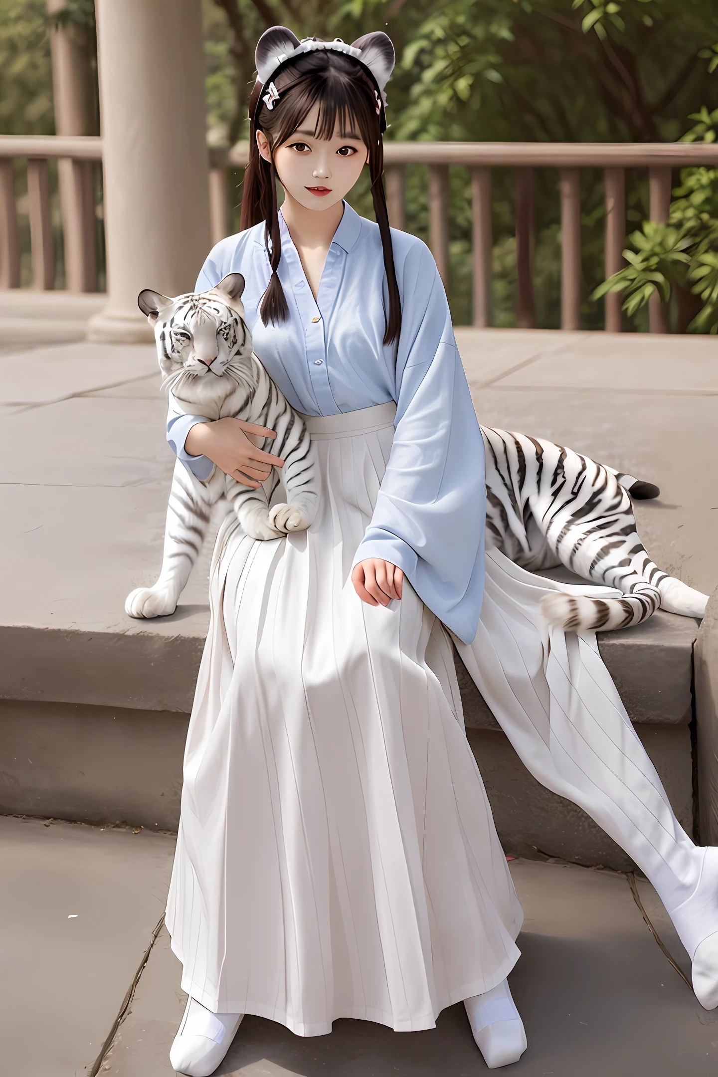 White tiger, animal ears, skirt, white socks, JK, cute, exquisite hands and feet, arrogant, female imp