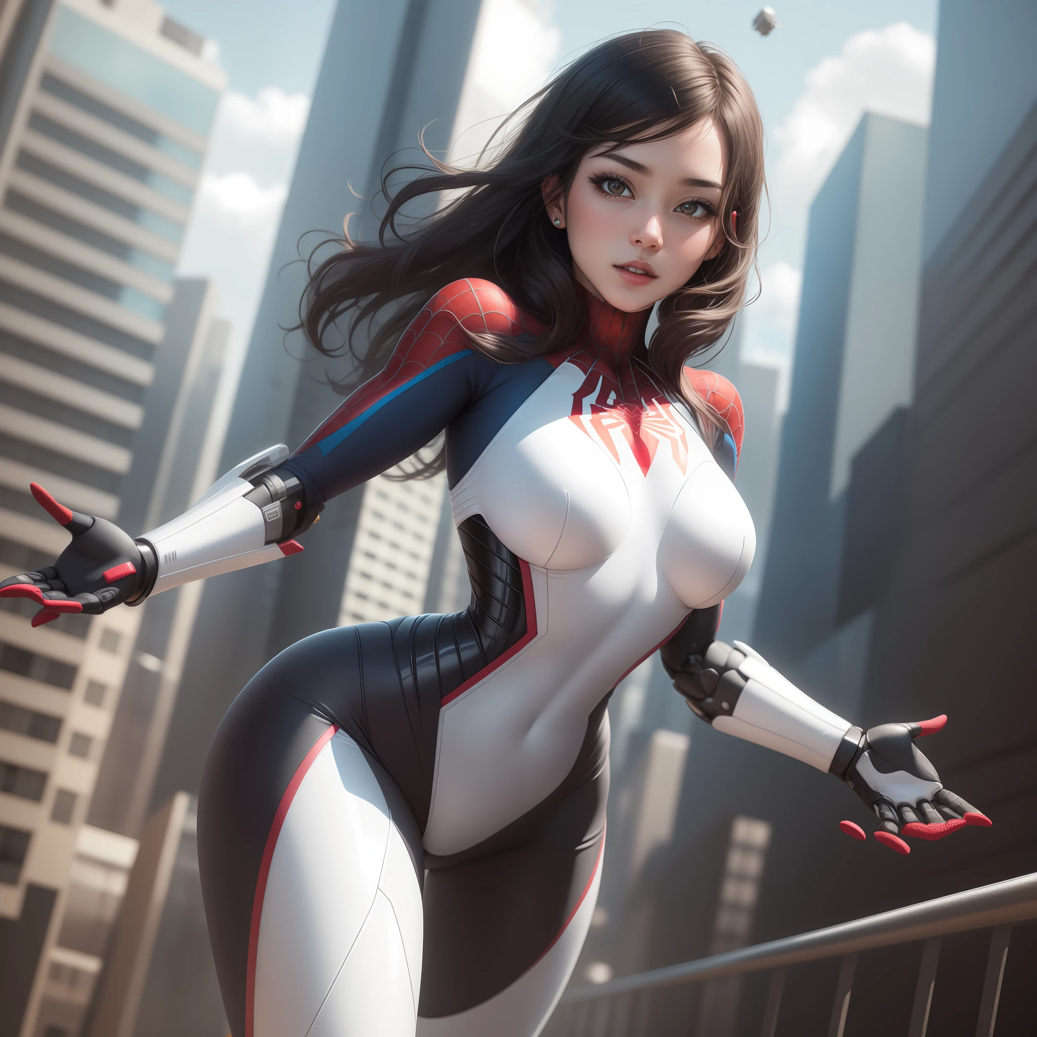 3d female Spiderman , sexy, flying with buildings in the background, dynamic pose, masterpiece, highres, photorealistic, best quality, perfect lighting, japanese woman, adult, mature, female, 1girl, 8k, realistic, photo-realistic, ultra-detailed, fullbody, black hair, sparkling brown eyes, (masterpiece:1.2), (best_quality:1.2), (ultra_detailed:1.3), 8k, extremely_clear, realism, (ultrarealistic:1.3), Generate an image of a cute, pale skin like vampir, wearing a white robotic outfit with some parts showing. The outfit should have lights and neons, and the girl should have a playful expression on her face