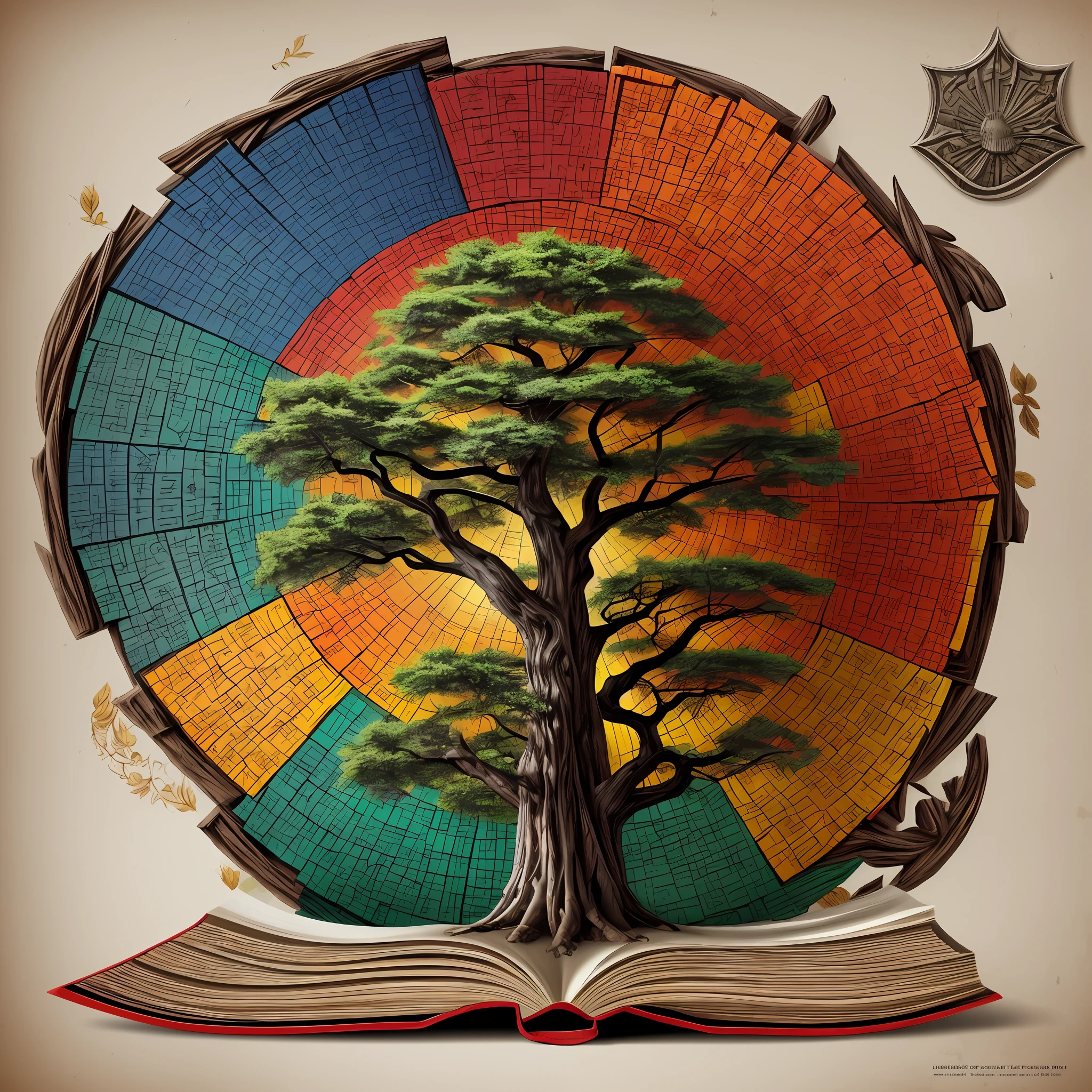 Create an impactful illustration that symbolizes the strength of conservative values in contemporary politics. Use emblematic elements such as the country's flag, an ancient book representing traditional knowledge, a shield symbolizing the protection of the social order, and a solid tree representing the preservation of cultural roots. Use vibrant and contrasting colors, ((ultra detailed)), ((high quality)), ((hyper realistic))