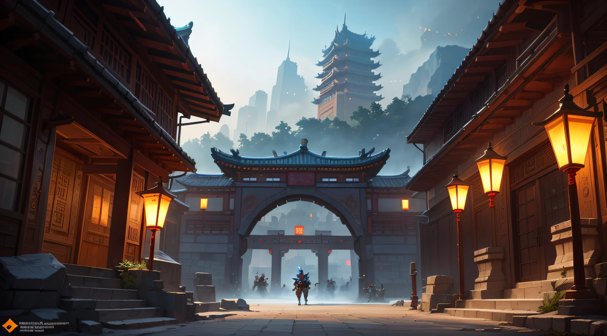 Close-up of ancient Chinese city gates, a row of city walls, an arch in the middle, the empty field under the city gate occupies a third of the picture, full of soldiers are attacking the city, low buildings, night, dark tones, large perspective, looking up, super large wide angle, fist game concept art, Rossdraws global lighting, Ross Tran. Landscape background, painting concept art, Ross Tran and Bayard Wu, painting as game concept art, League of Legends concept art, stylized concept art, Blizzard Hearthstone concept art, Overwatch sojourn, architectural details texture clear, perspective correct, ancient Chinese architecture, distant mountains, Chinese architecture in the distance