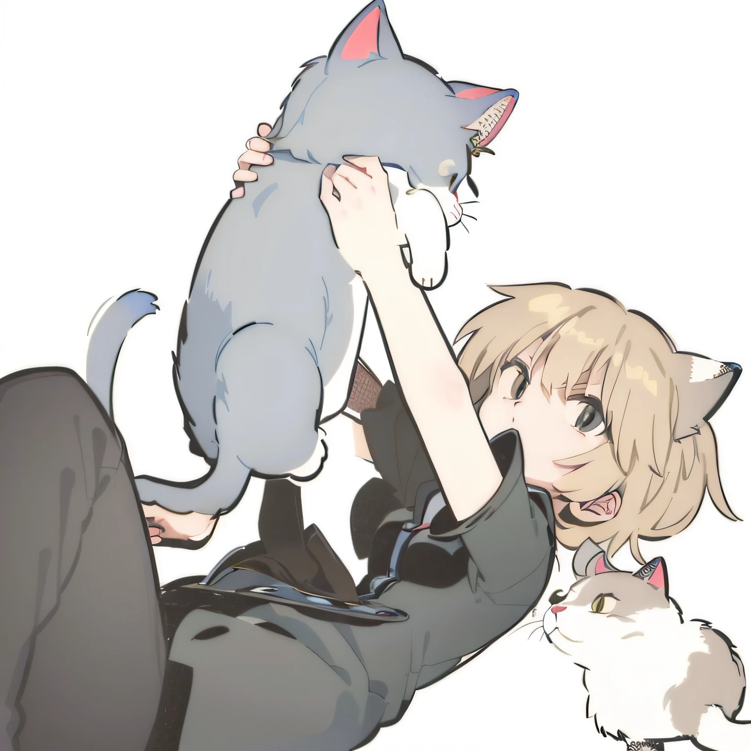 Anime drawing of a man holding a cat and a cat lying on her lap, anime cat, Natsume Yukinju, anime catwoman, Nefer Pitu, cute anime catwoman, Nekomimi, realistic anime cat, neko, kemonomimi, petting a cat, nichijou, catwoman, holding a cat