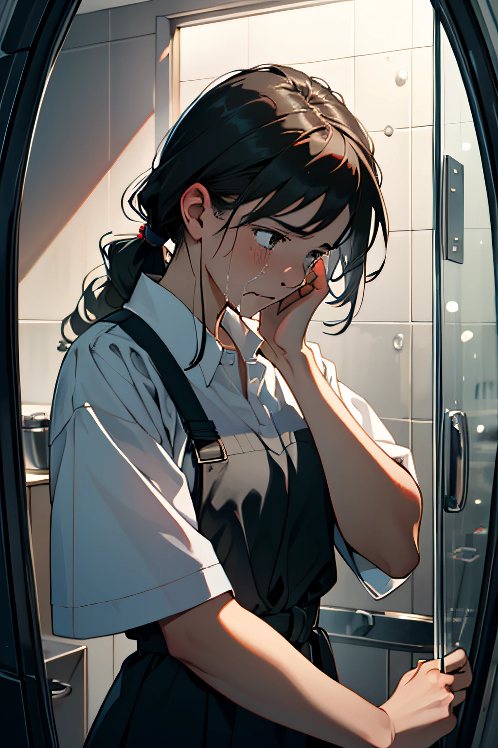 masterpiece, best quality, 8k resolution, realistic,
1 girl, crying, girl cleaning glass, despair