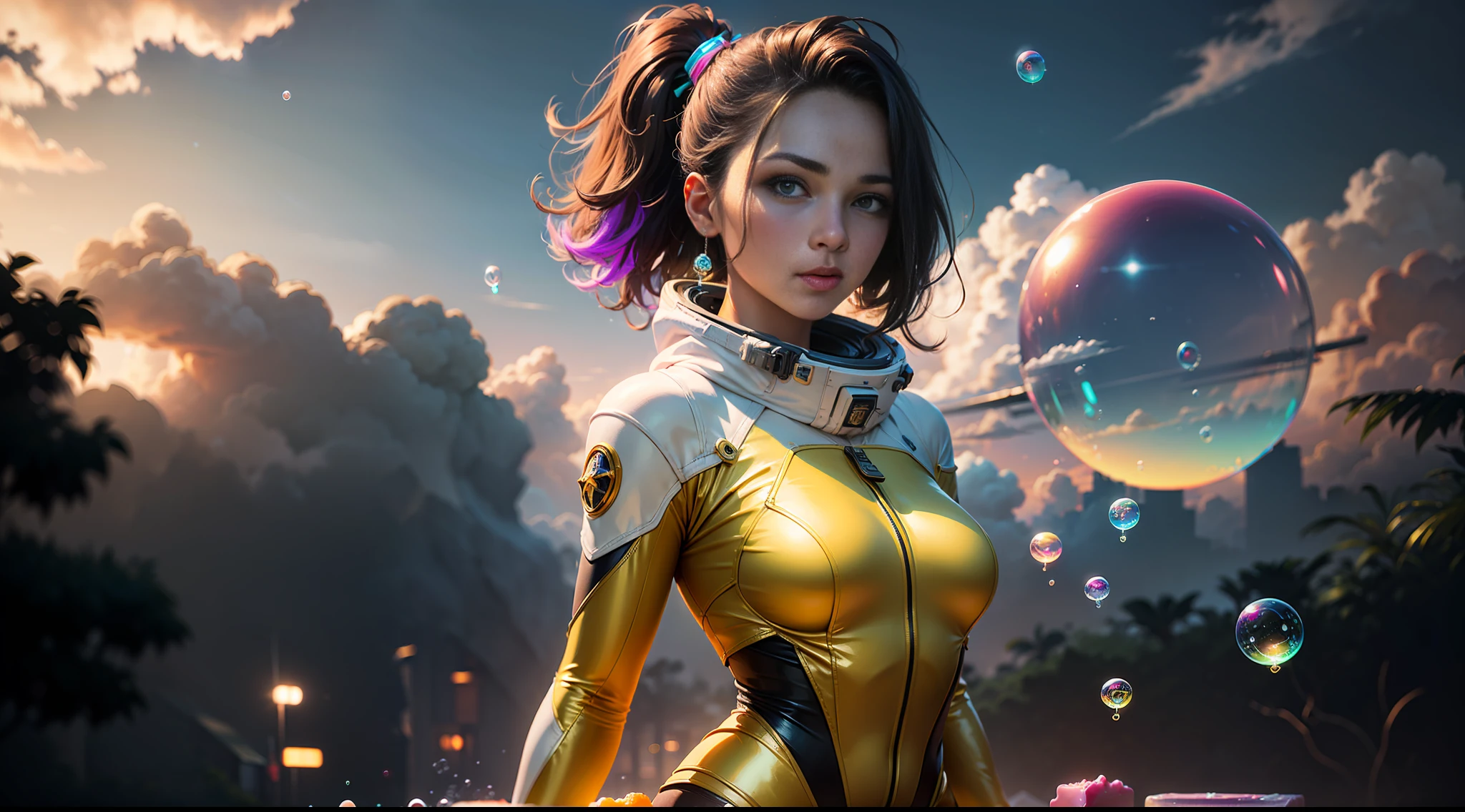 hd masterpiece, one standing woman space cadet looking at camera, detailed face, mid shot, golden suit, ((colorful clouds)) and (((neon soap bubbles))), jungles background