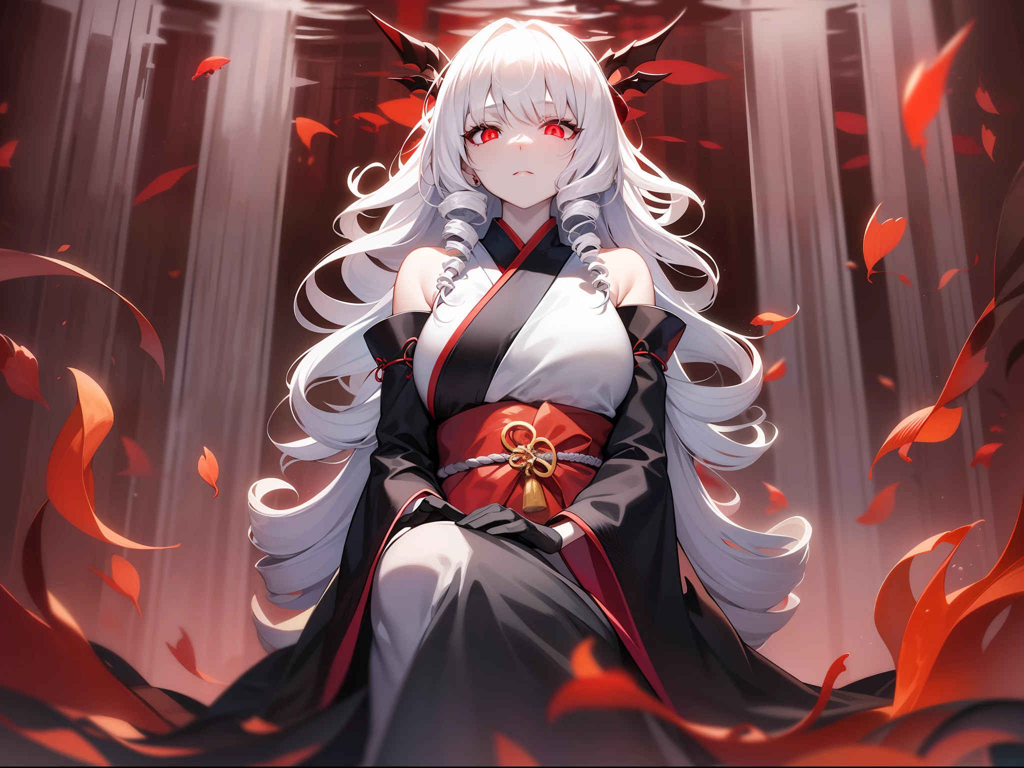 pale skin, mature woman, white hair, red eyes, dark red underwater, night, glowing eyes, shoulders, very long hair, (drill hair: 1.3), darkness, black kimono, (arms on head: 1.3), red background, from below, in heat, breath, glowing sickle, sitting