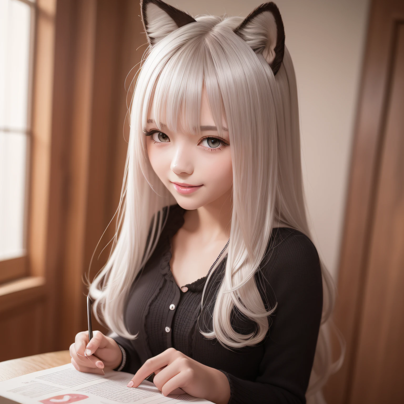 Masterpiece, Superb Quality, Ultra Detailed, Illustration, 1girl,, Valentine's Day, Confession, Silver Hair, Long Hair, Messy Hair, Valentine's Day, Valentine's Day, Wolf Girl, Wolf Ears, Wolf Tail, Pink Eyes, Smile, Shyness --auto