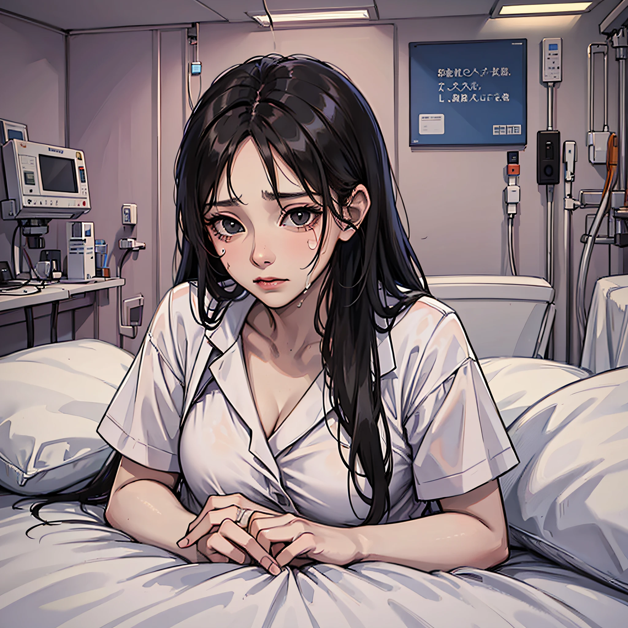 A woman with long black hair, wearing a hospital gown, lying on a hospital bed, tearful, not showing her chest, background: hospital