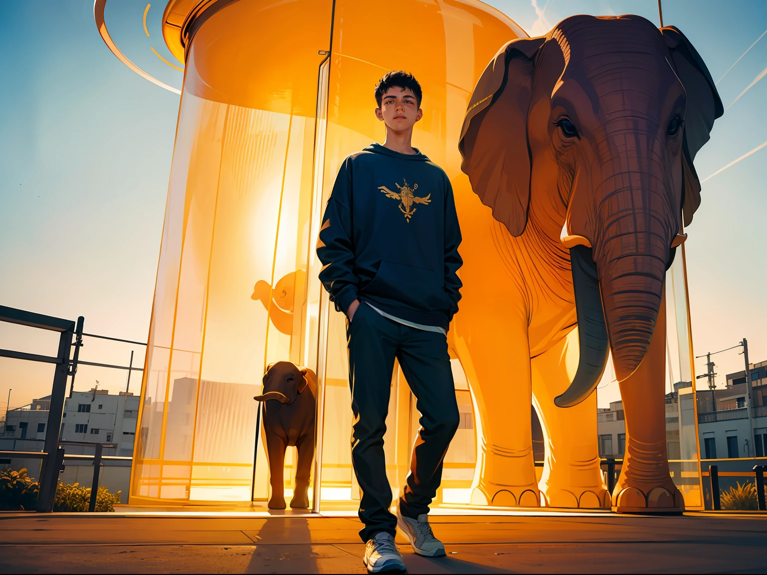 A rough young man standing in front of a golden transparent glowing elephant wearing a white casual sweatshirt showing off his transparent glowing arms.