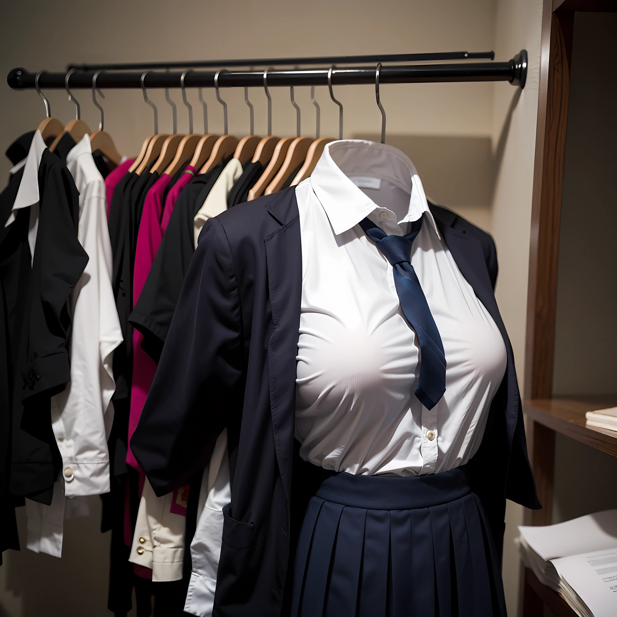(insanely detailed), (16k), ((no humans)), ((invisible)), ((faceless)), ((headless)), ((empty clothes)), (huge breasts), girls' school uniforms on hangers swells as if possessed by busty invisible girls, huge breasts, (in the closet), (school uniforms on hanger)
