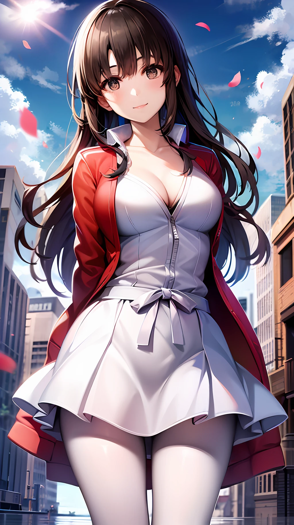 masterpiece, highres, best quality, 1girl, solo, long hair, hat, smile, dress, white headwear, pantyhose, open clothes, looking at viewer, collarbone, closed mouth, ribbon, standing, bangs, hair between eyes, sun hat, breasts, red jacket, blush, floating hair, shiny, arm behind back, cowboy shot, shiny hair, jacket, open jacket, long sleeves, blue ribbon, open cardigan, short dress, hat ribbon, white dress, black pantyhose, brown pantyhose, petals, brown hair, black hair, cleavage, medium breasts