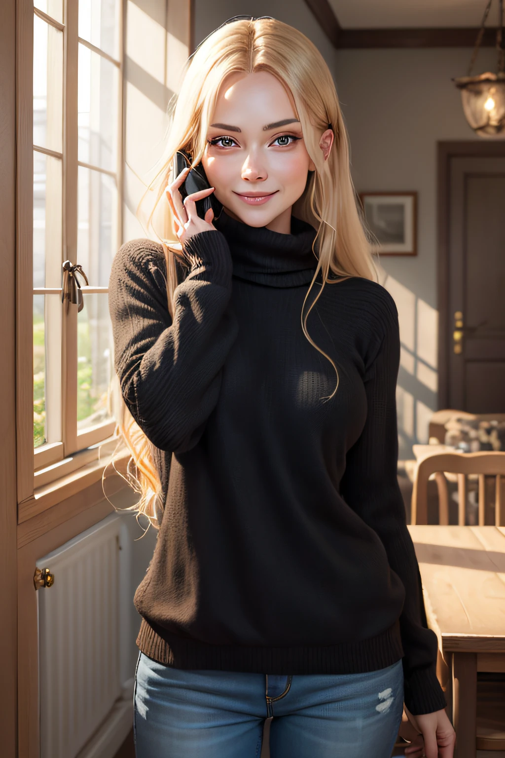 Masterpiece, absurdres,HDR ,highly detailed eyes and face,smiling, beautiful nod_woman, a woman with long blonde hair and a black sweater ,perfect nod_body,perfect nod_face, (calling:1.5)
