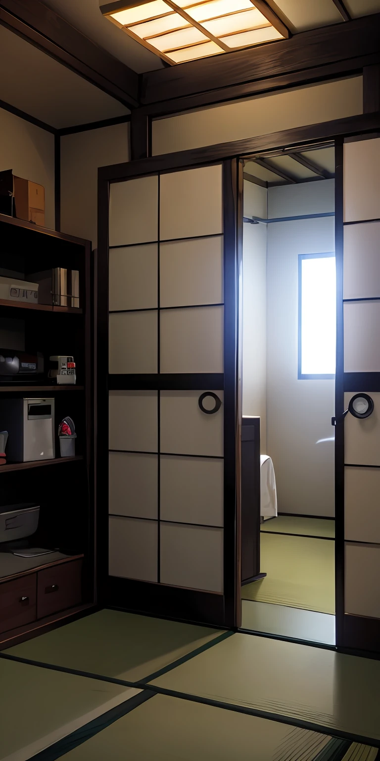 1 room door, ajar, Japanese anime style, the room is very dark,