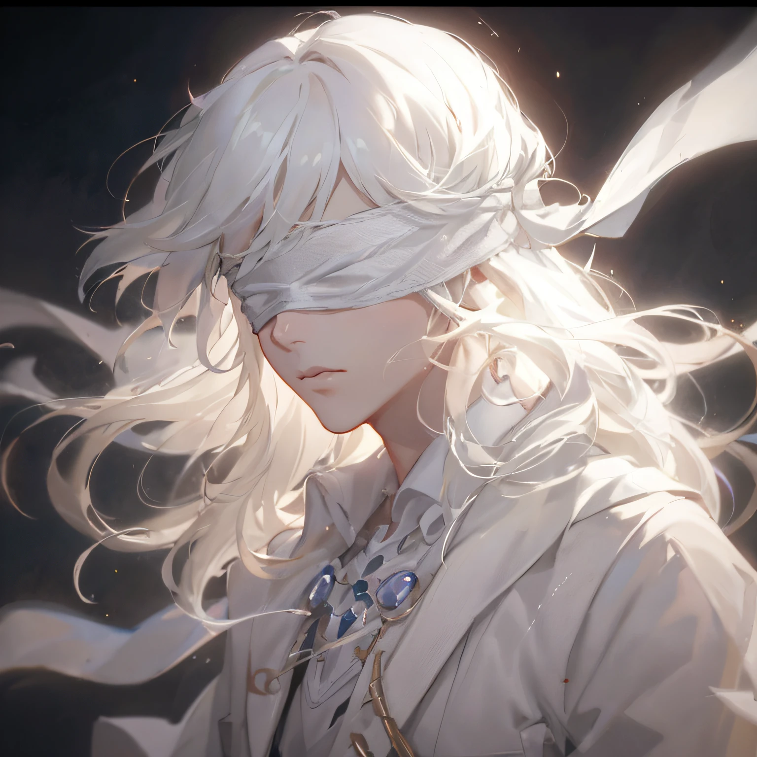 Anime, A Man with White Hair and Blindfolded Eyes, Showcased, Guvitz at Pixiv Art Station, Gray Haired God, Guvitz in ArtStation pixiv, Guvitz-style artwork, Art Nouveau Core and Charlie Bovoort, detailed digital anime art, Rostelland 8 K, Best Art Station for Fan Art, Guvitz