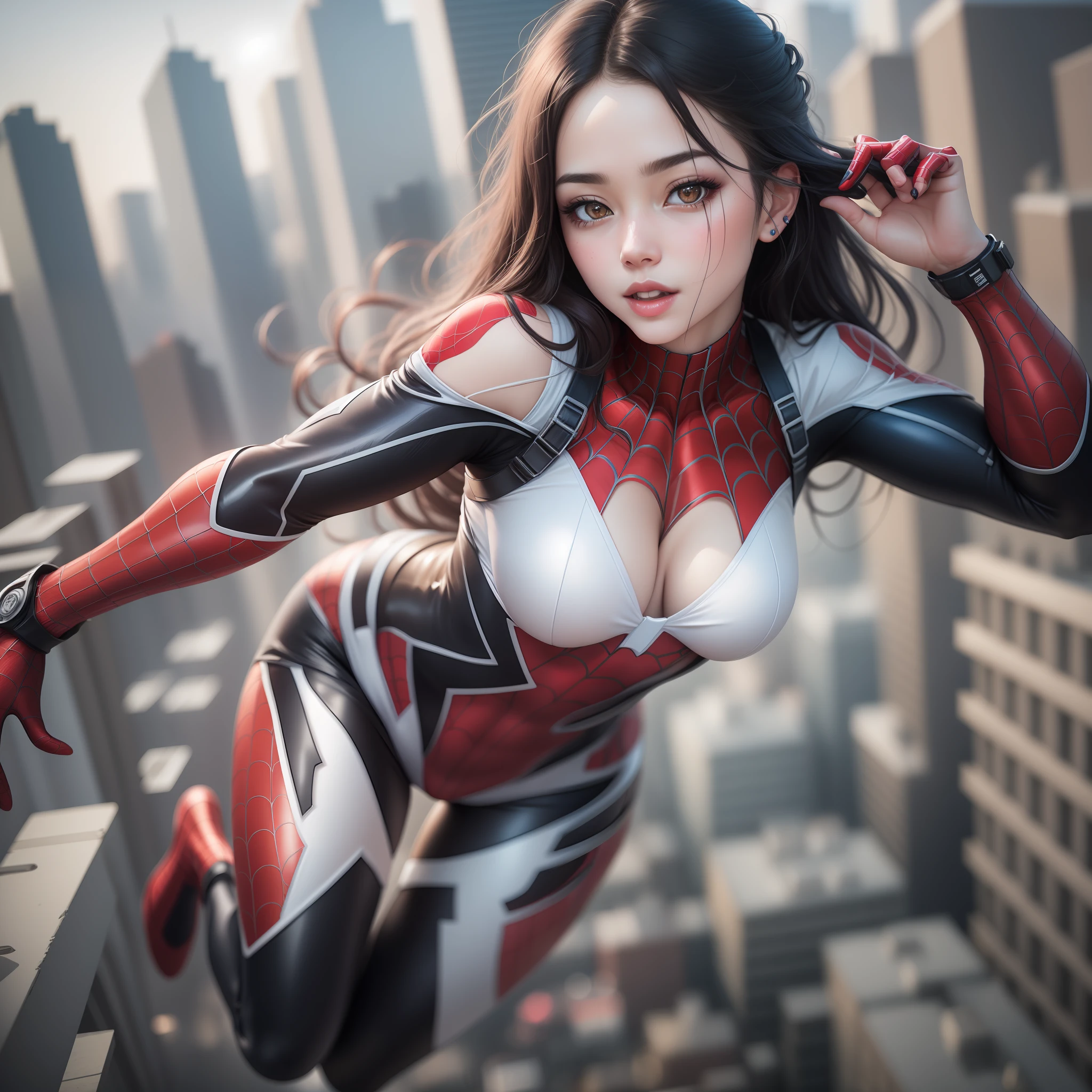 3d female Spiderman , sexy, flying with buildings in the background, dynamic pose, masterpiece, highres, photorealistic, best quality, perfect lighting, japanese woman, adult, mature, female, 1girl, 8k, realistic, photo-realistic, ultra-detailed, fullbody, black hair, sparkling brown eyes, (masterpiece:1.2), (best_quality:1.2), (ultra_detailed:1.3), 8k, extremely_clear, realism, (ultrarealistic:1.3), Generate an image of a cute, pale skin like vampir, wearing a white robotic outfit with some parts showing. The outfit should have lights and neons, and the girl should have a playful expression on her face