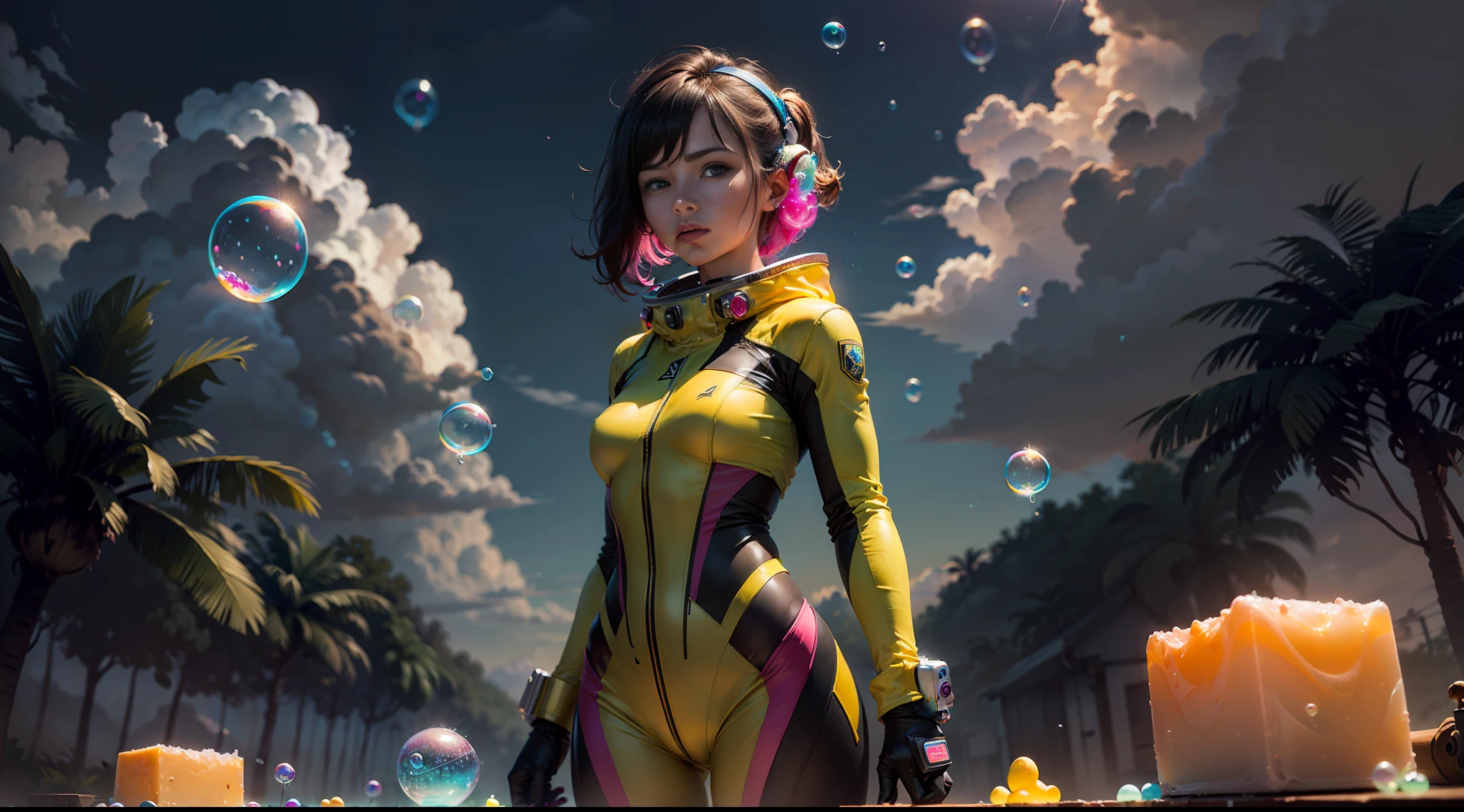 hd masterpiece, one standing woman space cadet looking at camera, detailed face, mid shot, golden suit, ((colorful clouds)) and (((neon soap bubbles))), jungles background