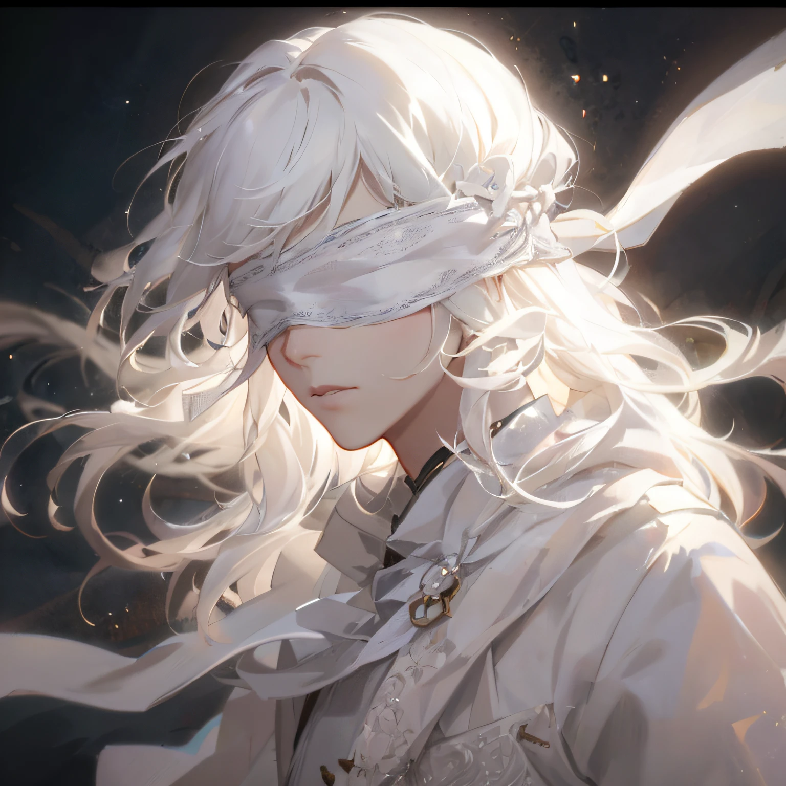 Anime, A Man with White Hair and Blindfolded Eyes, Showcased, Guvitz at Pixiv Art Station, Gray Haired God, Guvitz in ArtStation pixiv, Guvitz-style artwork, Art Nouveau Core and Charlie Bovoort, detailed digital anime art, Rostelland 8 K, Best Art Station for Fan Art, Guvitz