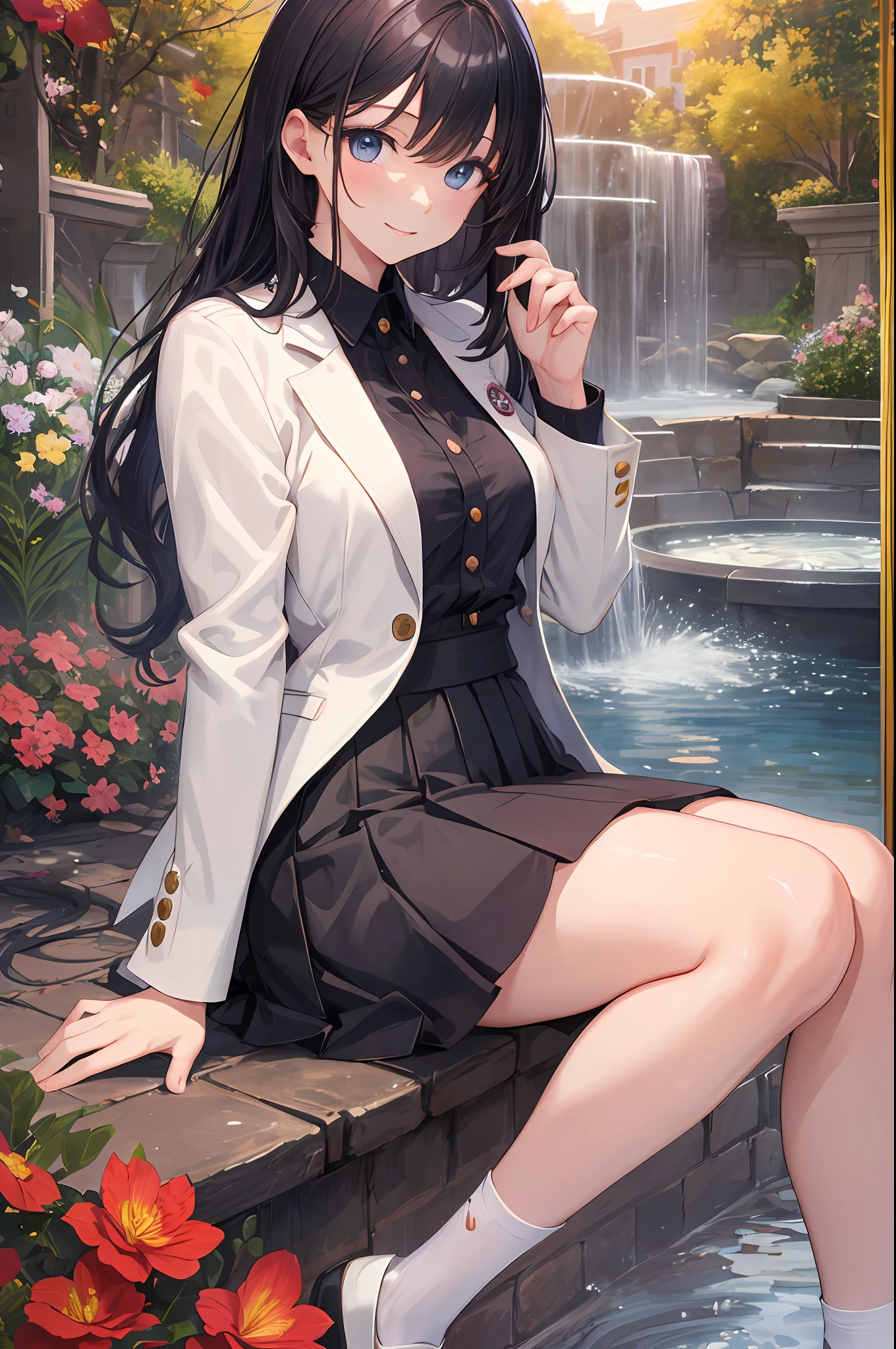 Focus on the person. We create and express the best shining composition of the person. ((Masterpiece)), (((highest quality)))), ((Ultra detail)), (Ultra realistic), (Highly detailed CG illustrations), (Very delicate and beautiful), Girls as masterpieces, highest quality, realistic skin, realistic fabrics, realist illustrations focusing on girls with realistic and ultra-detailed eyes in the center front. This is the absolute rule, and the following sentence expresses the image quality. It is the best masterpiece in the history of the entire universe in the past and future of the entire universe by Kazuo Inuitsuki, in which the owner of the greatest painting talent in human history meets an unparalleled beauty and riskes his life to depict the most beautiful figure. Create stunning anime artwork that is currently trending on seaStation, showcasing exquisite beauty and captivating aesthetics. The park at dusk, surrounded by a large fountain located in the center of it, is filled with colorful flowers and its beauty fascinates visitors. Tiny droplets of water soar from the fountain, and the droplets glitter in the light of the setting sun. Standing in front of the fountain is a woman, whose name is Yuki. Her hair is black, straight and shoulder-long. Her hair shines golden in the setting sun. Her eyes are big and her color is deep blue. His eyes have a mysterious glow that reminds him of a starry sky. Her skin is white and transparent like snow. Her lips are small, their color is pale pink. Her expression is calm and her smile is soothing to those who see it.
Her outfit is reminiscent of the school girl uniform of Japan. White collard shirt and red blazer. The buttons on its blazer are golden, and its glow reflects the light of the setting sun. Her skirt is a white pleated short skirt. The skirt flutters in the wind, and its movements are as beautiful as waves. At her feet, white socks and black loafers. The tip of the loafer shines in the light of the setting sun.
Ar