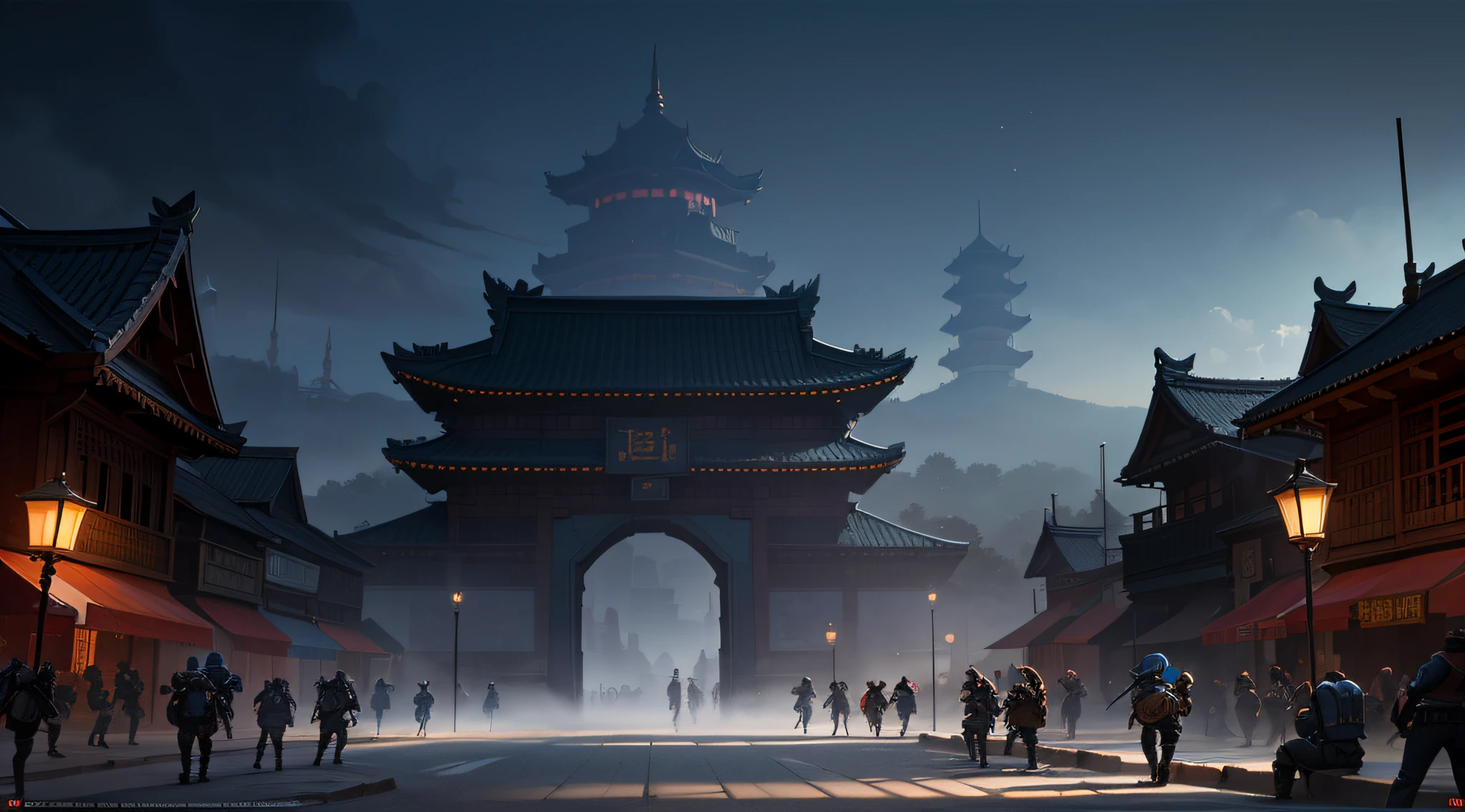 Close-up of ancient Chinese city gates, a row of city walls, an arch in the middle, the empty field under the city gate occupies a third of the picture, full of soldiers are attacking the city, low buildings, night, dark tones, large perspective, looking up, super large wide angle, fist game concept art, Rossdraws global lighting, Ross Tran. Landscape background, painting concept art, Ross Tran and Bayard Wu, painting as game concept art, League of Legends concept art, stylized concept art, Blizzard Hearthstone concept art, Overwatch sojourn, architectural details texture clear, perspective correct, ancient Chinese architecture, distant mountains, Chinese architecture in the distance