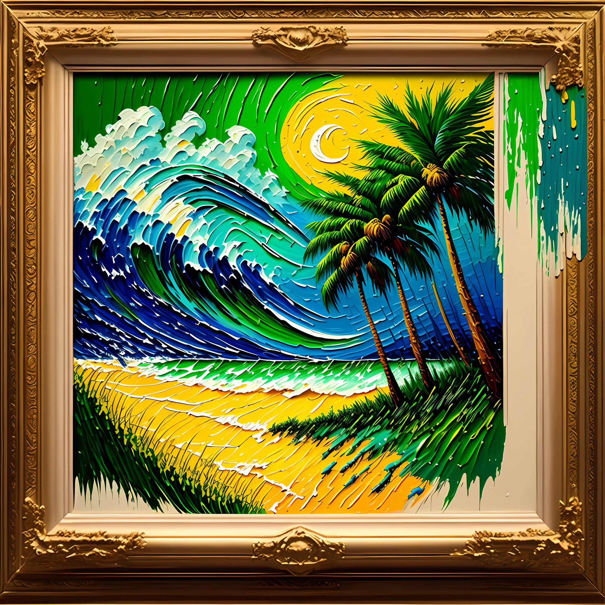 Raw and crude oil painting van gogh Thick brush texbright colors yellow and green, summer cenario, beach, waves, palm trees --auto