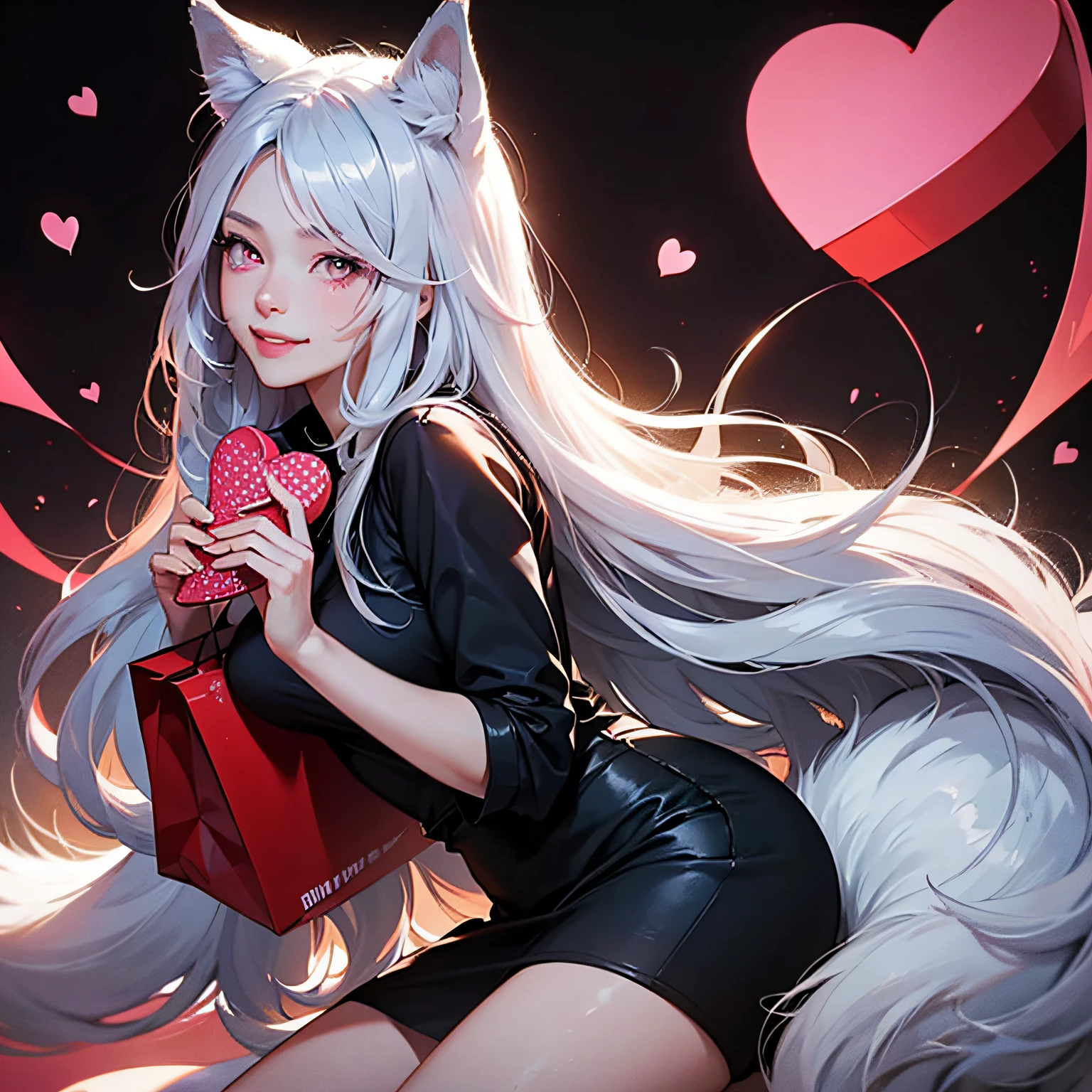Masterpiece, Superb Quality, Ultra Detailed, Illustration, 1girl,, Valentine's Day, Confession, Silver Hair, Long Hair, Messy Hair, Valentine's Day, Valentine's Day, Wolf Girl, Wolf Ears, Wolf Tail, Pink Eyes, Smile, Shyness --auto