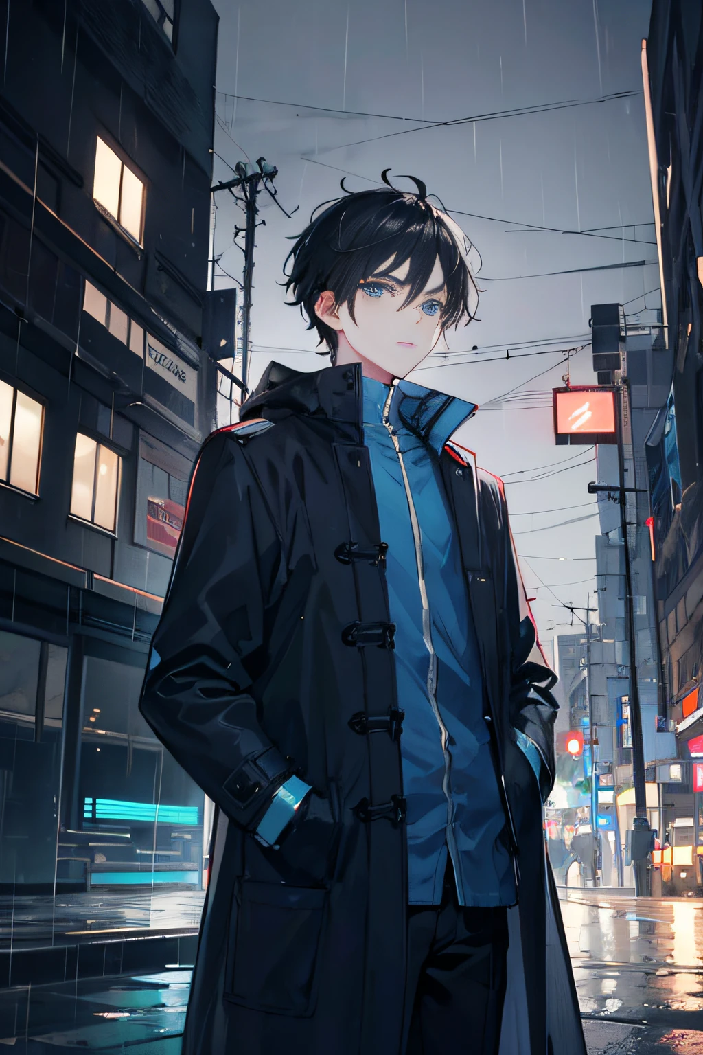 1BOY, Night City, Rain, Coat, Hands in Pockets, Short Black Hair, Blue Eyes