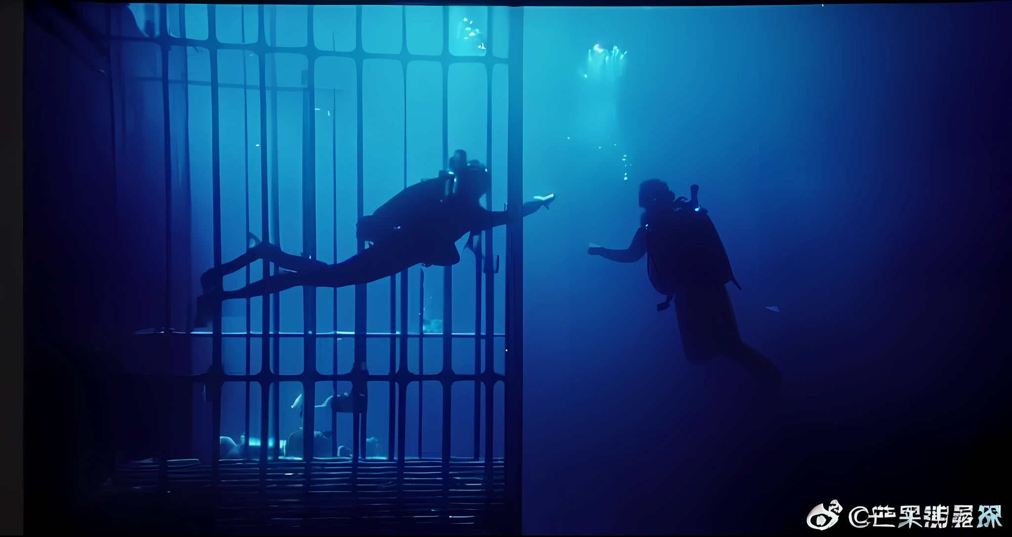 There are two people underwater, blue dim, there is a beam of light downward, one person waving outward in the cage, complete cage, two people carrying oxygen cylinders, one person outside the cage, character silhouette, submerged, dance scene, in underwater horror scene, upward bubble (precise), human hiding underwater, suspended underwater, underwater drama, underwater scene, sea phobia, video stills, 4K, movie quality