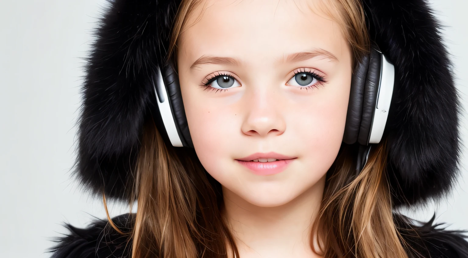 GIRL CHILD , RUSSIAN STYLE BLONDE HEADPHONES, BLACK FUR COAT, MESSY SHOULDER LENGTH BLONDE HAIR, RED BACKGROUND, BROWN EYES, HAPPY, CLEAN DETAILED FACES, INTRACATE CLOTHES, ANALOGOUS COLORS, BRIGHT SHADOWS, BEAUTIFUL GRADIENT, DEPTH OF FIELD, CLEAN IMAGE, HIGH QUALITY, HIGH DETAIL, HIGH DEFINITION, LUMINOUS STUDIO GRAPHICS ENGINE, BEAUTIFUL FACE