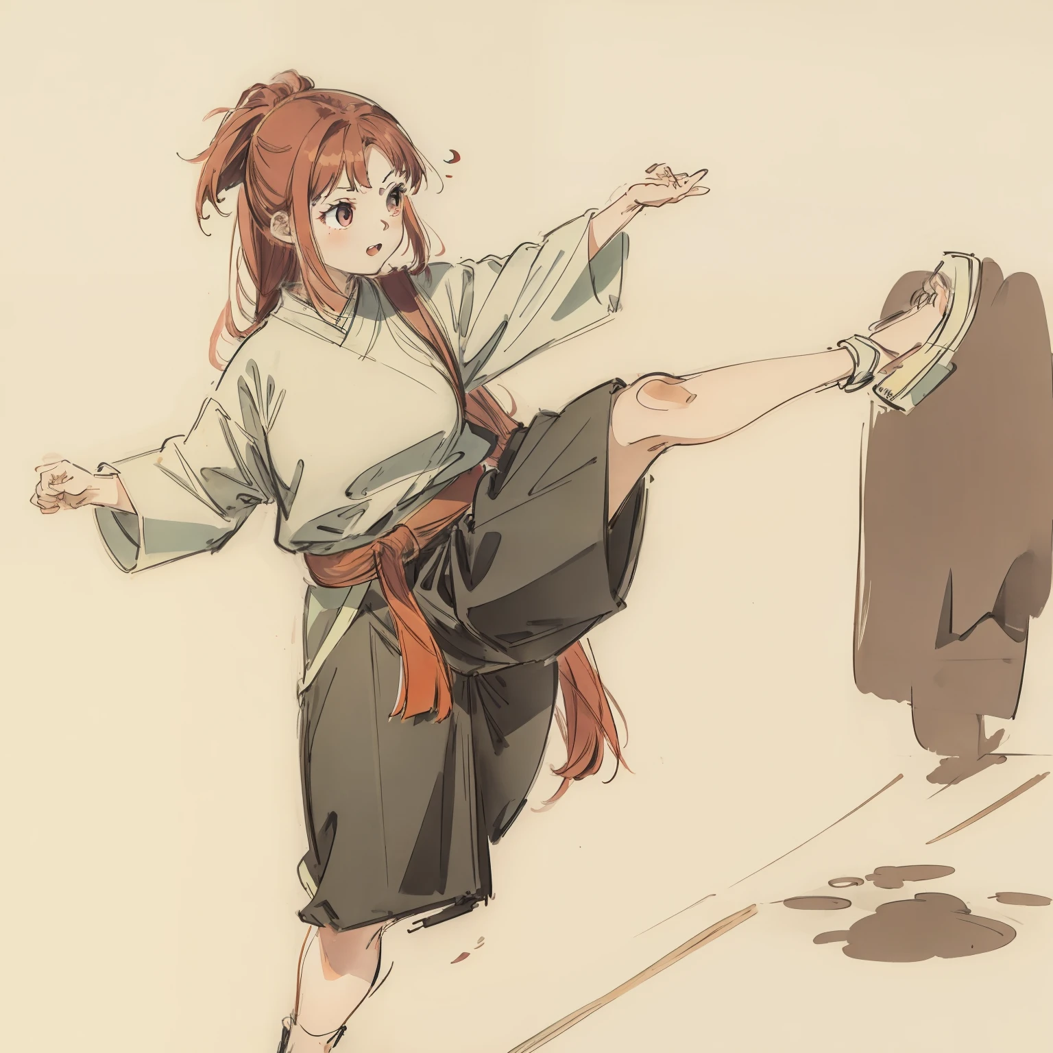 Short Chubby Asian Girl with Long Red Hair doing martial arts.