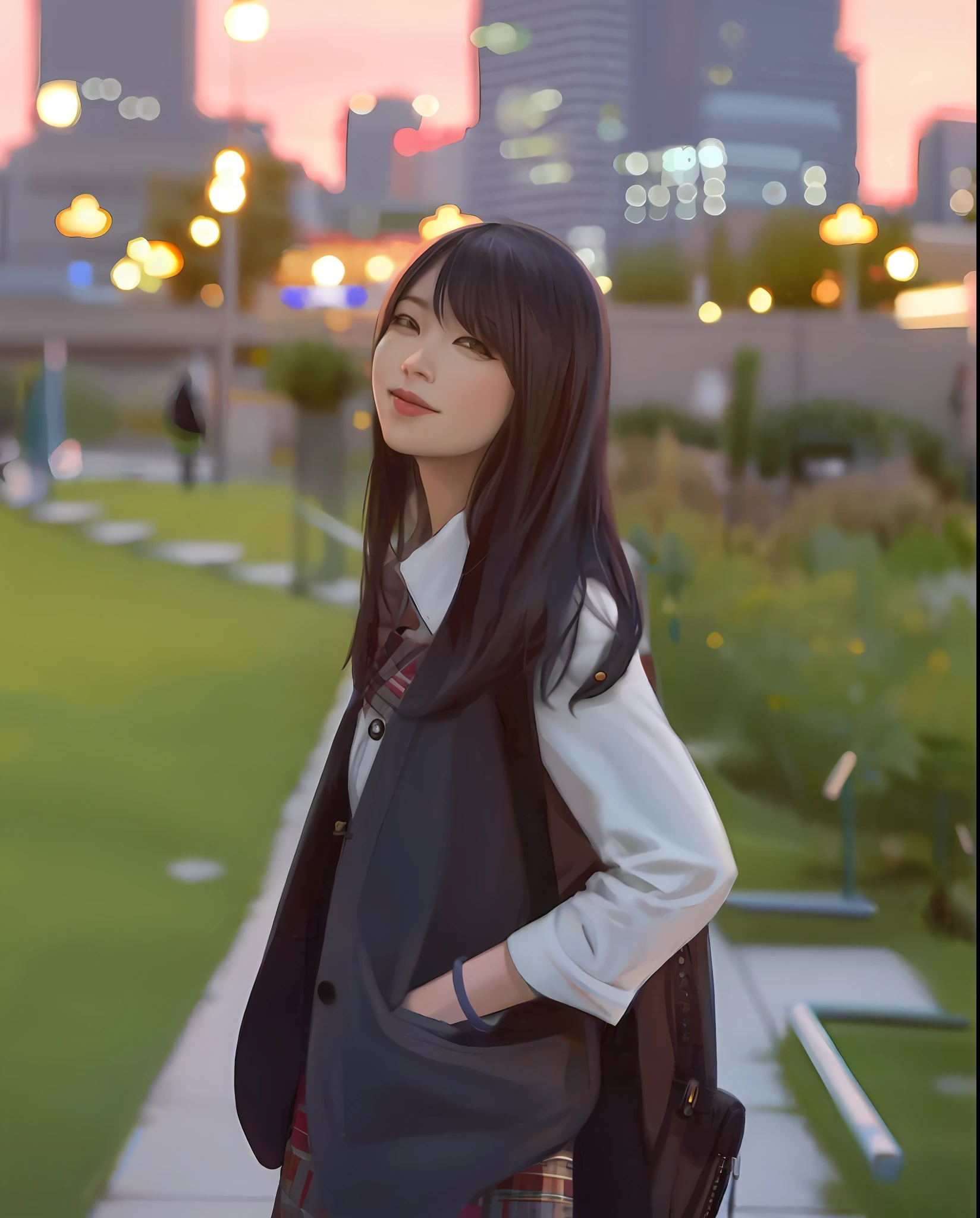 there is a woman standing on a sidewalk in a park, chiho, inspired by Ma Yuanyu, portrait of a japanese teen, sui ishida with black hair, inspired by Eizan Kikukawa, junko enoshima, f / 1. 9 6. 8 1 mm iso 4 0, xintong chen, portrait of mayuri shiina