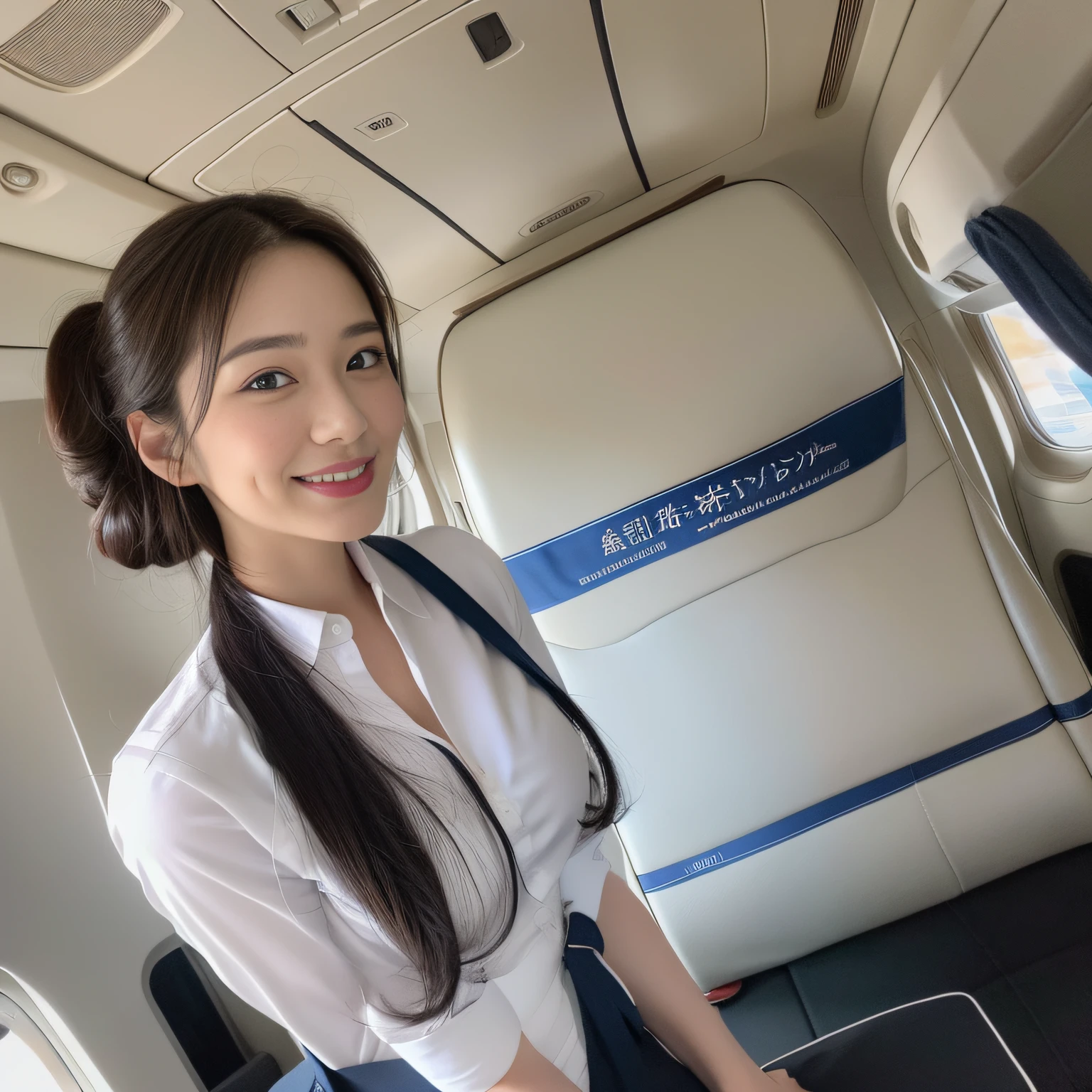 Masterpiece, Best Quality, Ultra Detail, (Photorealistic Photos: 1.6), Soft Light, RAW Photos, 16K, High Resolution, High Definition Skin, High Definition Face,16K, (From Front View:1.3), Look Viewer, Break (Cowboy Shot; 1.5), Standing, Full Body, (In Airliner Cabin: 1.2), Small Head, Thin Head, (Kindly Smile: 1.4), Break Japan pretty neat and clean beautiful flight attendant, 25 years old, slim body, small breasts, thin and fleshy lips, thin skin, black and chignon hair, high nose bridge, natural makeup, break (flight attendant uniform: 1.4)