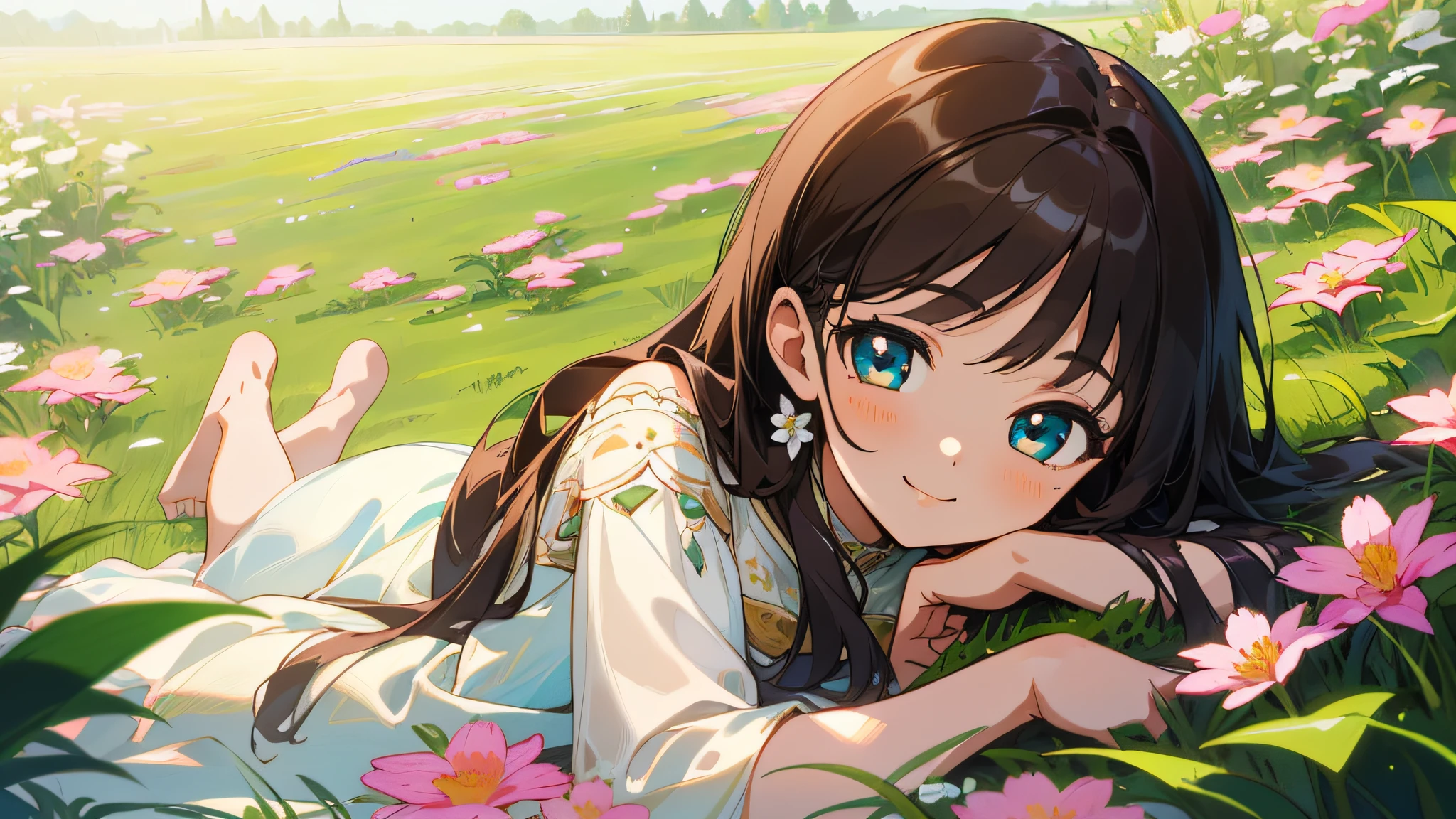 (detailed beautiful eyes and detailed face, masterpiece side light, masterpiece, best quality, detailed, high resolution illustration), (best quality, masterpiece, hyper-realism), 1 beautiful and delicate girl portrait, lying on her side, smiling, grass, full body portrait, soft and peaceful expression, The background scenery is a garden with flowers and butterflies flying around.