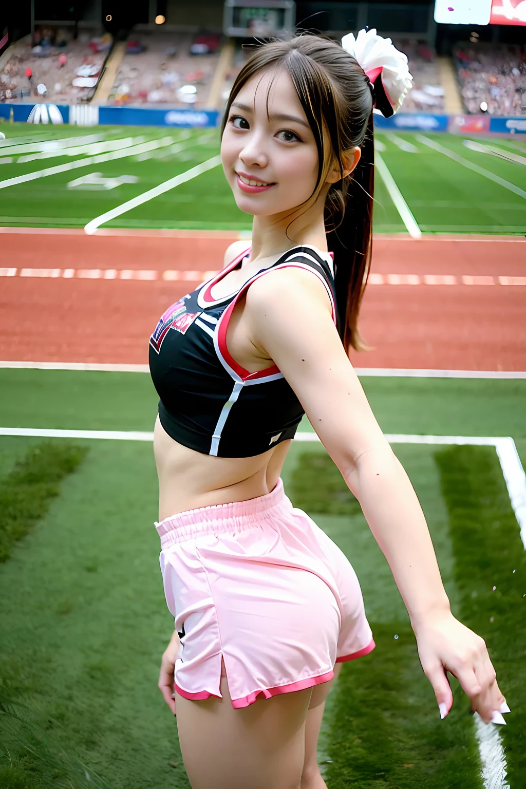 Super high image quality, cheerleader, super beautiful girl, Japan beautiful girl, Korean beautiful girl, uniform, miniskirt, underwear see-through, dance, stadium, background is many spectators, big breasts, beautiful ass,