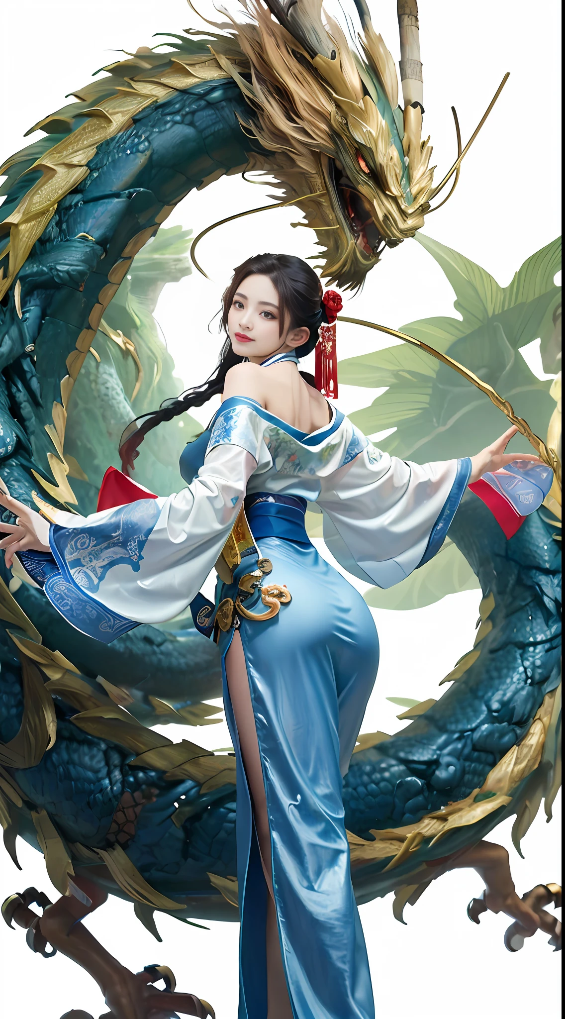Zhong Fenghua, gorgeous hanfu, official art, Unity 8k wallpaper, super detailed, beautiful beauty, masterpiece, best quality, (tangled, tangled, tangled), (fractal art: 1.4), (character center: 1.3), 1 girl, dragon rape girl, dragon foot inserted into ass, back in ,dragon foot pierced ass, shocking domineering chinese dragon, detailed dragon head, black hair, long ponytail, Chinese, off-the-shoulder,, very detailed, dynamic angle, denim shot, (most beautiful form of chaos), ethereal, (bright colors), oc , (half: 1.2), China, (Thangka Feitian: 1.5), (Ribbon: 1.3), (Dream: 1.5), (Hanfu: 1.5), Chinese dragon, Chinese phoenix, (smile: 0.5), (Chinese god), (masterpiece, top quality, best quality, ultimate detail, highest detail, official art, beauty and aesthetics: 1.2), golden ratio, full composition