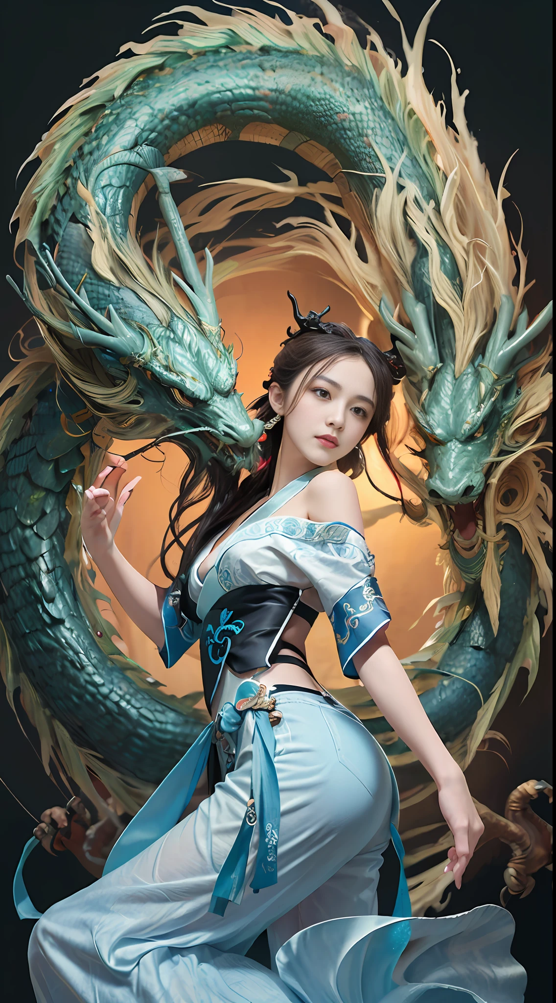 Zhong Fenghua, gorgeous hanfu, official art, Unity 8k wallpaper, super detailed, beautiful beauty, masterpiece, best quality, (tangled, tangled, tangled), (fractal art: 1.4), (character center: 1.3), 1 girl, dragon rape girl, dragon foot inserted into ass, back in ,dragon foot pierced ass, shocking domineering chinese dragon, detailed dragon head, black hair, long ponytail, Chinese, off-the-shoulder,, very detailed, dynamic angle, denim shot, (most beautiful form of chaos), ethereal, (bright colors), oc , (half: 1.2), China, (Thangka Feitian: 1.5), (Ribbon: 1.3), (Dream: 1.5), (Hanfu: 1.5), Chinese dragon, Chinese phoenix, (smile: 0.5), (Chinese god), (masterpiece, top quality, best quality, ultimate detail, highest detail, official art, beauty and aesthetics: 1.2), golden ratio, full composition