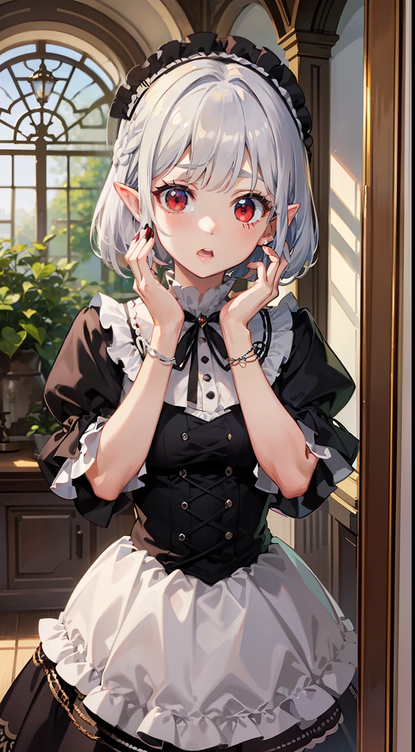 ((Put your hands on your face)), ((surprised)), (Red face), Full body of one girl, Elf, Silver hair, Red eyes, Braid hair, Bob cut, Gothic Lolita, Dress, Ruffles, Indoors, Mirror, TS, Concept art, Beautiful anime scene, Beautiful anime scenery, Best quality, Masterpiece, 4K