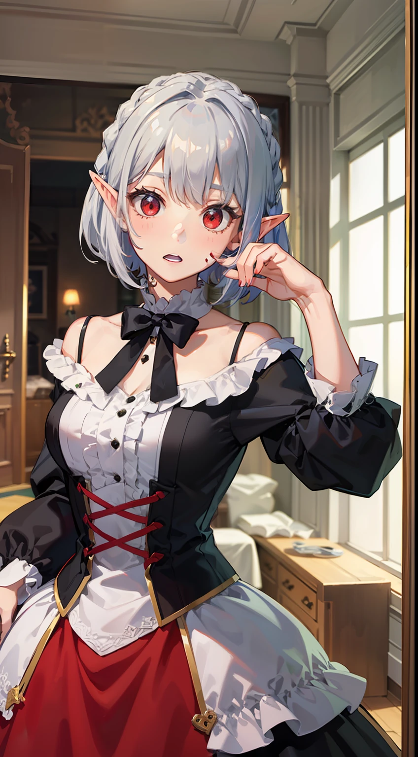 ((Put your hands on your face)), ((surprised)), (Red face), Full body of one girl, Elf, Silver hair, Red eyes, Braid hair, Bob cut, Gothic ta, Dress, Ruffles, Indoors, Mirror, TS, Concept art, Beautiful anime scene, Beautiful anime scenery, Best quality, Masterpiece, 4K