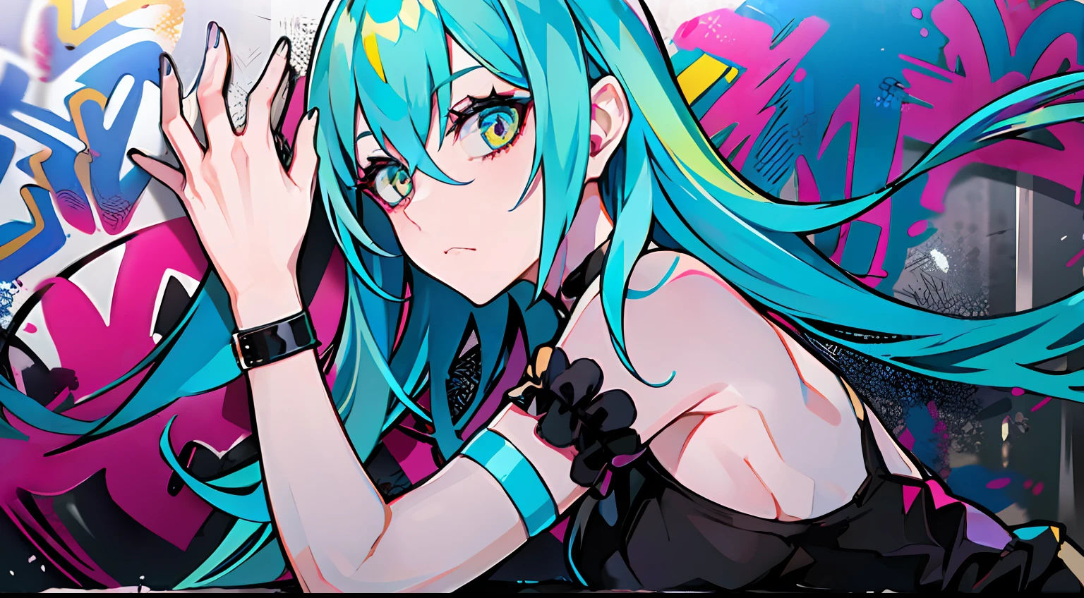Absurdity, Top Quality, 8k wallpapers, 4k wallpapers, 1 girl, single, striped hair, beautiful fingertips, T-shirt, dark denim shorts, choker, (graffiti: 1.25), paint splatter, arms behind back, (leaning forward), leaning back, leaning against the wall, (tilted to the side: 0.125), watching the viewer, armbands, thigh straps, striped hair, paint on the body, Upturned eyes, tilting the head, (from the side: 0.9), bored, (expressionless: 0.75), vermouth