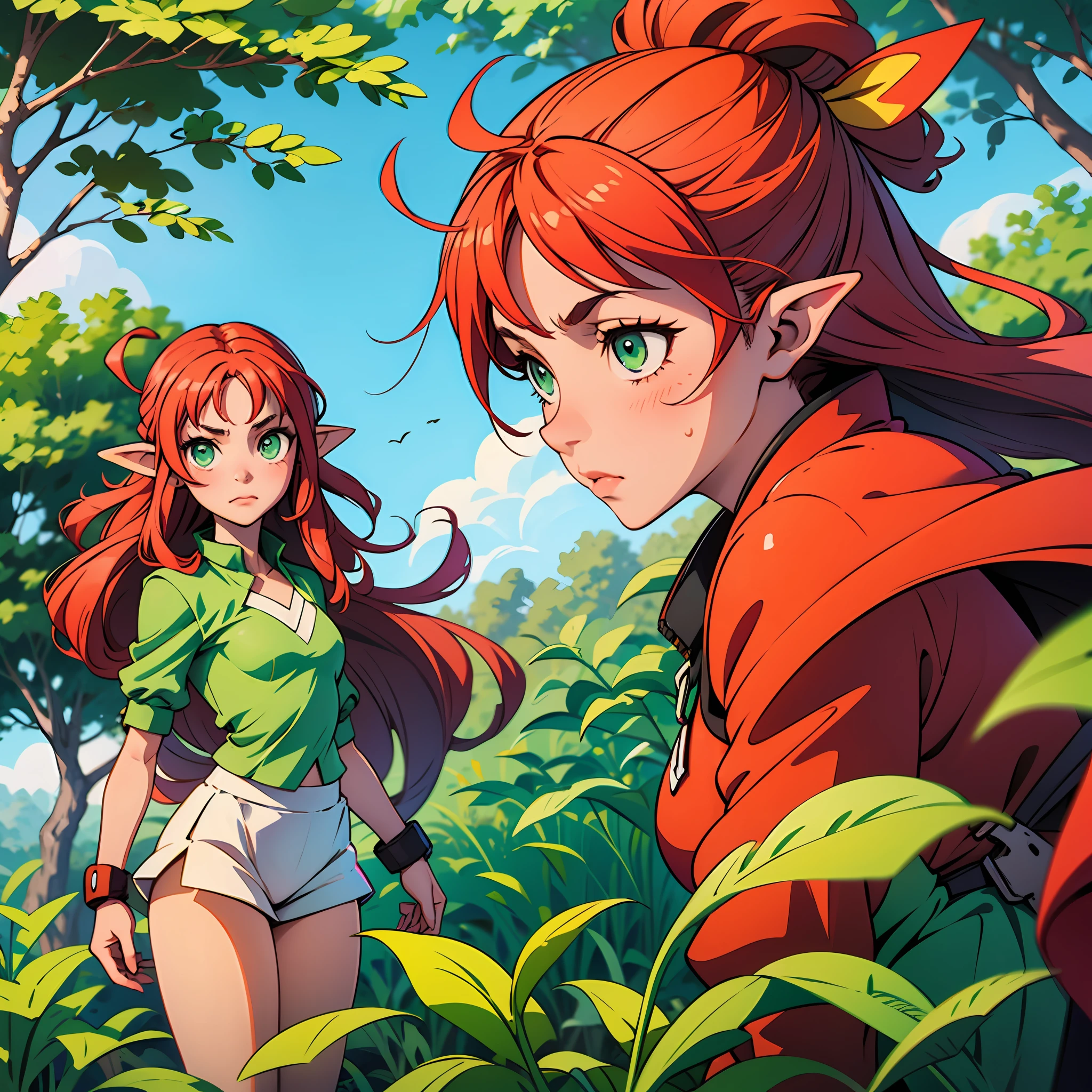 An anime girl, leafa (SAO), , small breasts and developing body (pink pkmn), green eyes and red hair (leafa SAO), with an elven appearance --auto