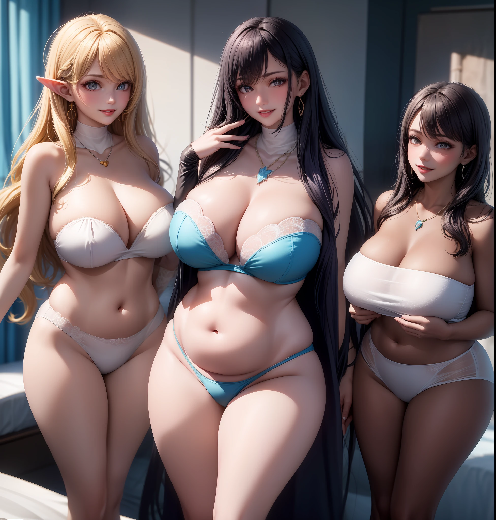 (8k, Masterpiece: 1.2), (Ultra Detail, Sexy), (Smile: 1.1), ((White Wavy Long Hair): 1.3, Beautiful Detail Eyes, Big Black Eyes, Perfect Proportions, Bright Eyes, Light Makeup, Necklace, Earrings, Pink and Moist Lips), Two sexy mature wives with big breasts lying lazily on the bed in my bedroom, they are wearing sexy bandeau costumes, holding exquisite cakes in their hands to eat, white cream dripping on their skin, (Big breasts, thin waist, long legs, plump buttocks, elastic meat, fair and moisturized skin, dignified and reverent,), (Ambiguous atmosphere, hazy background, fairy tale world: 1.2)