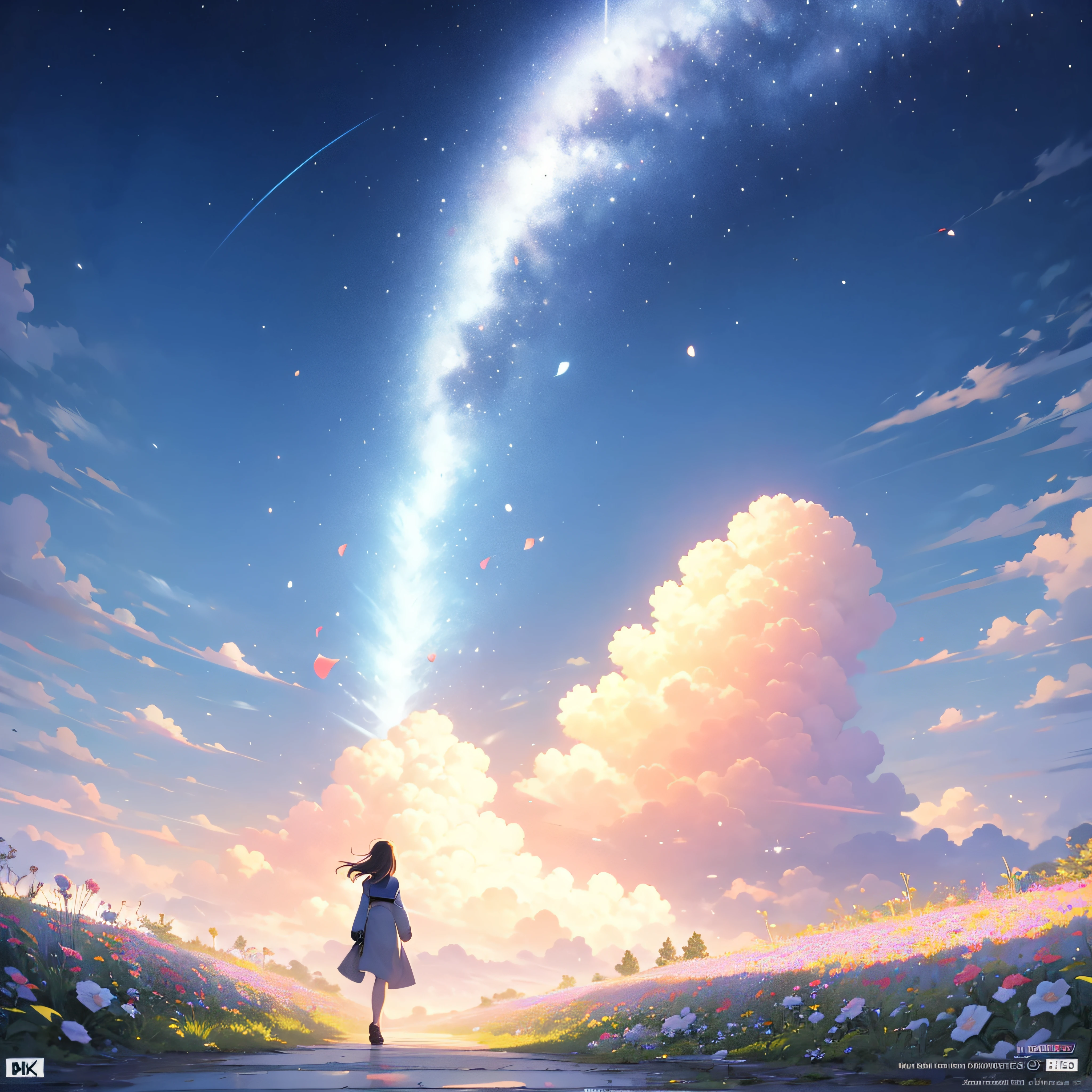 anime girl walking on a path in a field of flowers, makoto shinkai cyril rolando, anime art wallpaper 4 k, anime art wallpaper 4k, anime background art, anime beautiful peace scene, beautiful anime artwork, beautiful anime scene, 4k anime wallpaper, beautiful art uhd 4 k, anime art wallpaper 8 k, cosmic skies. by makoto shinkai