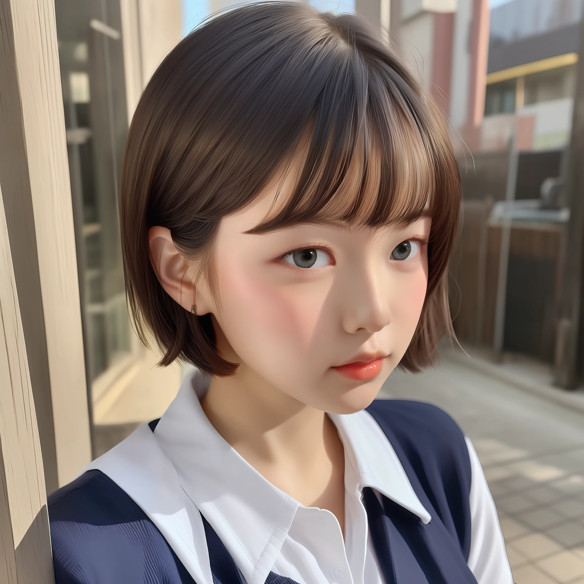 Cute girl, short cut, pop hairstyle, pop hair color, face close-shot, puberty, pop cute background, frontal, portrait, looking at camera