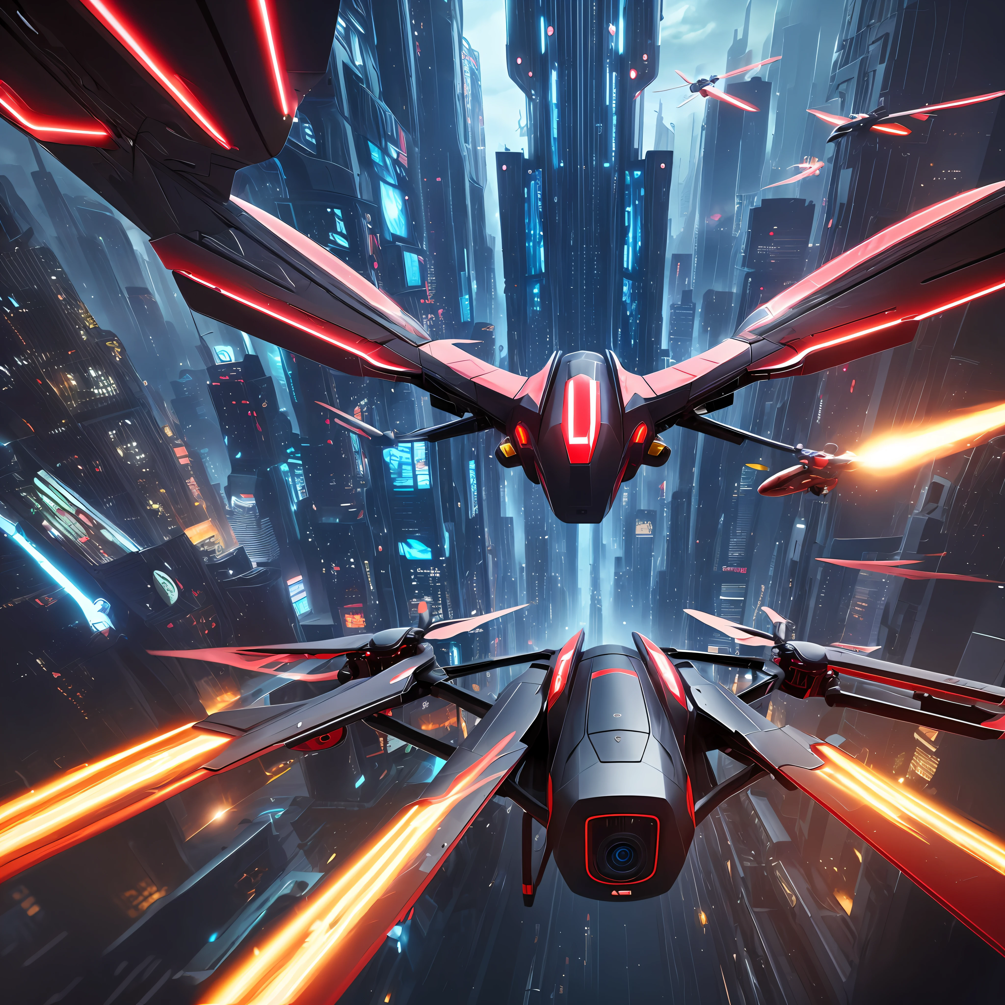 Style: Sci-Fi Future
Theme: Miniature flapping wing drone, futuristic city, close-up, frontal shooting, breakthrough screen