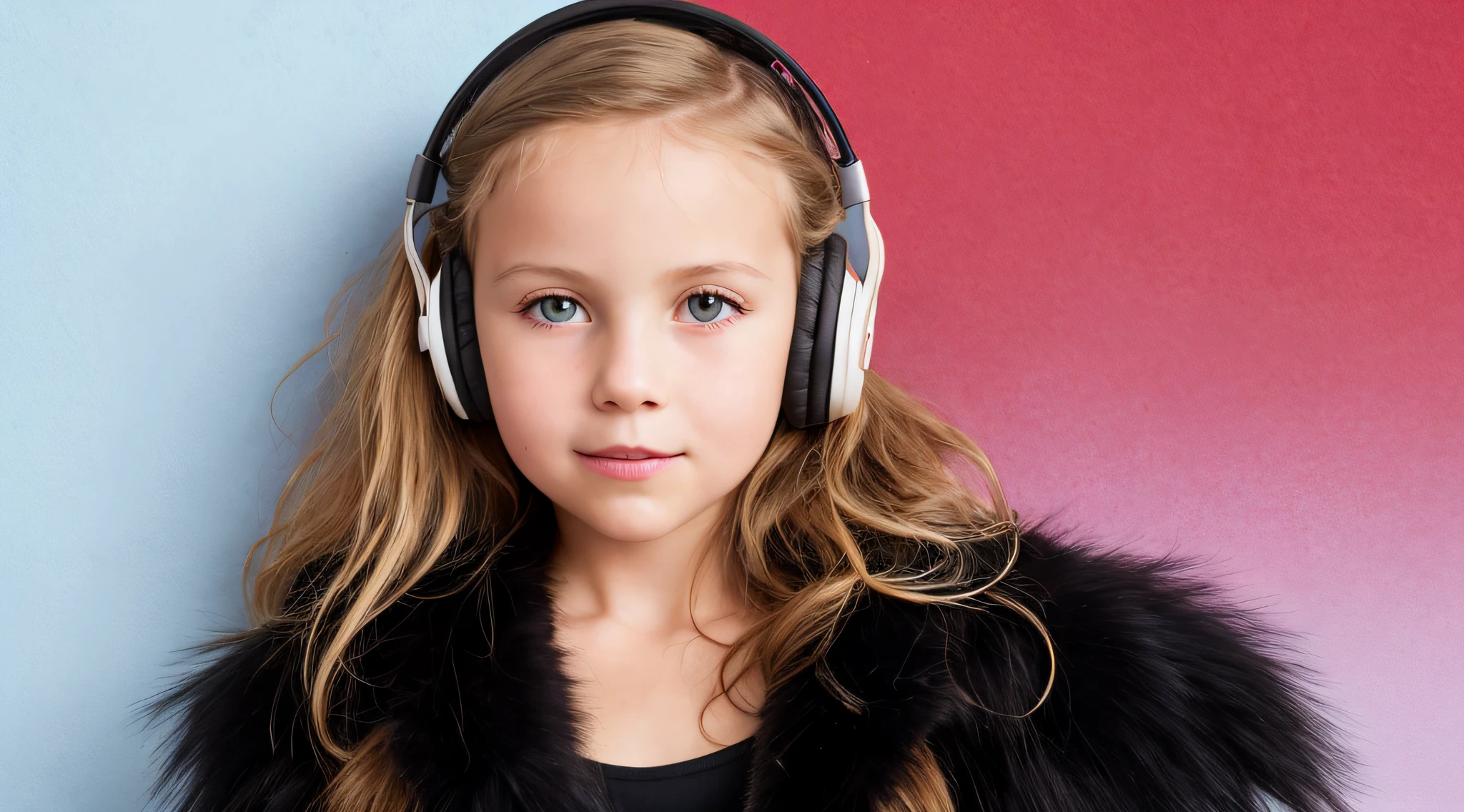 GIRL CHILD , RUSSIAN STYLE BLONDE HEADPHONES, BLACK FUR COAT, MESSY SHOULDER LENGTH BLONDE HAIR, RED BACKGROUND, BROWN EYES, HAPPY, CLEAN DETAILED FACES, INTRACATE CLOTHES, ANALOGOUS COLORS, BRIGHT SHADOWS, BEAUTIFUL GRADIENT, DEPTH OF FIELD, CLEAN IMAGE, HIGH QUALITY, HIGH DETAIL, HIGH DEFINITION, LUMINOUS STUDIO GRAPHICS ENGINE, BEAUTIFUL FACE