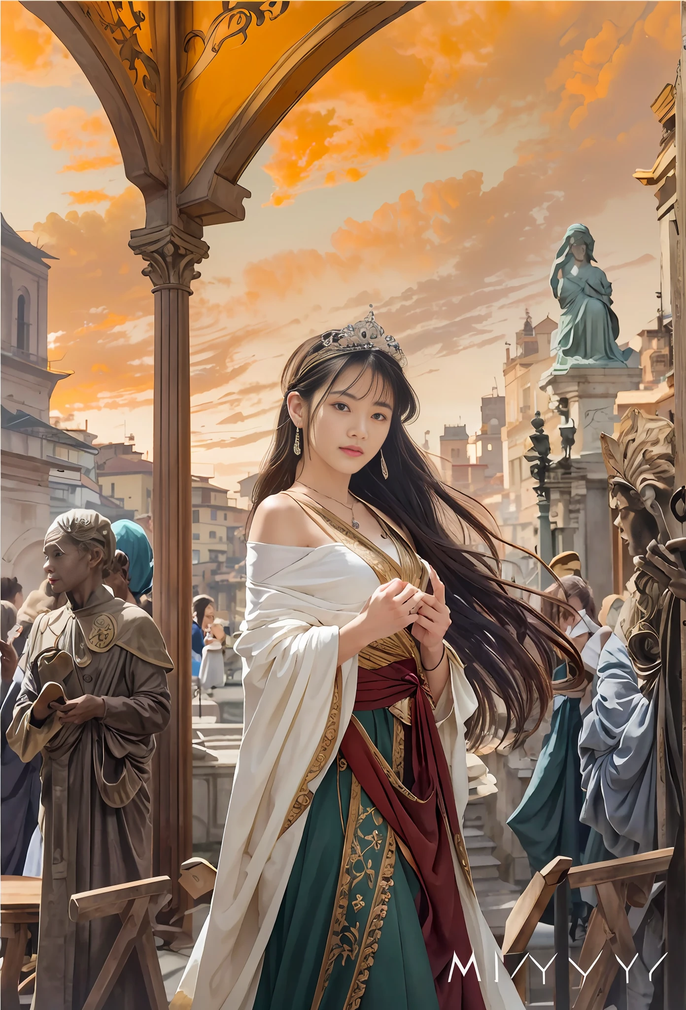 Model shooting style, (extremely detailed CG Unity 8k wallpaper), full-shot body photo of the most beautiful artwork in the world, stunning beautiful photo realistic available, super realistic super detailed photo, a beautiful girl as a female dancer entering the Loggia dei Lanzi of Florence,complex dress, banquet, crowd, [slight smile], (Sculpture of Hercules background), (princess eyes, shining pupils), detailed symmetrical beautiful hazel eyes, detailed gorgeous face, highly detailed, Vibrant, professional majestic oil painting by Ed Blinkey, Atey Ghailan, Studio Ghibli, Jeremy Mann, Greg Manchess, Antonio Moro, ArtStation Trends, CGSociety Trends, Complex, High Detail, Sharp Focus, Dramatic, Realistic Painting Art, by Midjourney and Greg Written by Rutkowski