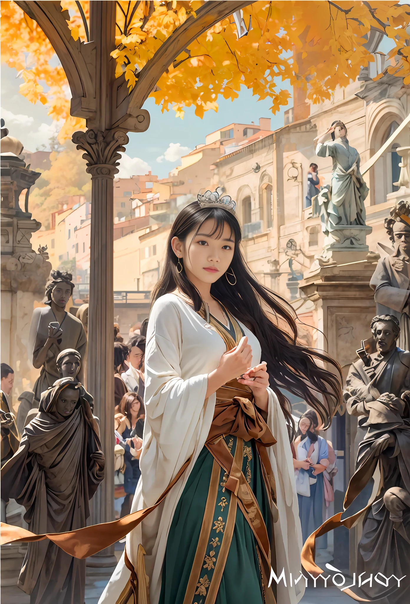 Model shooting style, (extremely detailed CG Unity 8k wallpaper), full-shot body photo of the most beautiful artwork in the world, stunning beautiful photo realistic available, super realistic super detailed photo, a beautiful girl as a female dancer entering the Loggia dei Lanzi of Florence,complex dress, banquet, crowd, [slight smile], (Sculpture of Hercules background), (princess eyes, shining pupils), detailed symmetrical beautiful hazel eyes, detailed gorgeous face, highly detailed, Vibrant, professional majestic oil painting by Ed Blinkey, Atey Ghailan, Studio Ghibli, Jeremy Mann, Greg Manchess, Antonio Moro, ArtStation Trends, CGSociety Trends, Complex, High Detail, Sharp Focus, Dramatic, Realistic Painting Art, by Midjourney and Greg Written by Rutkowski