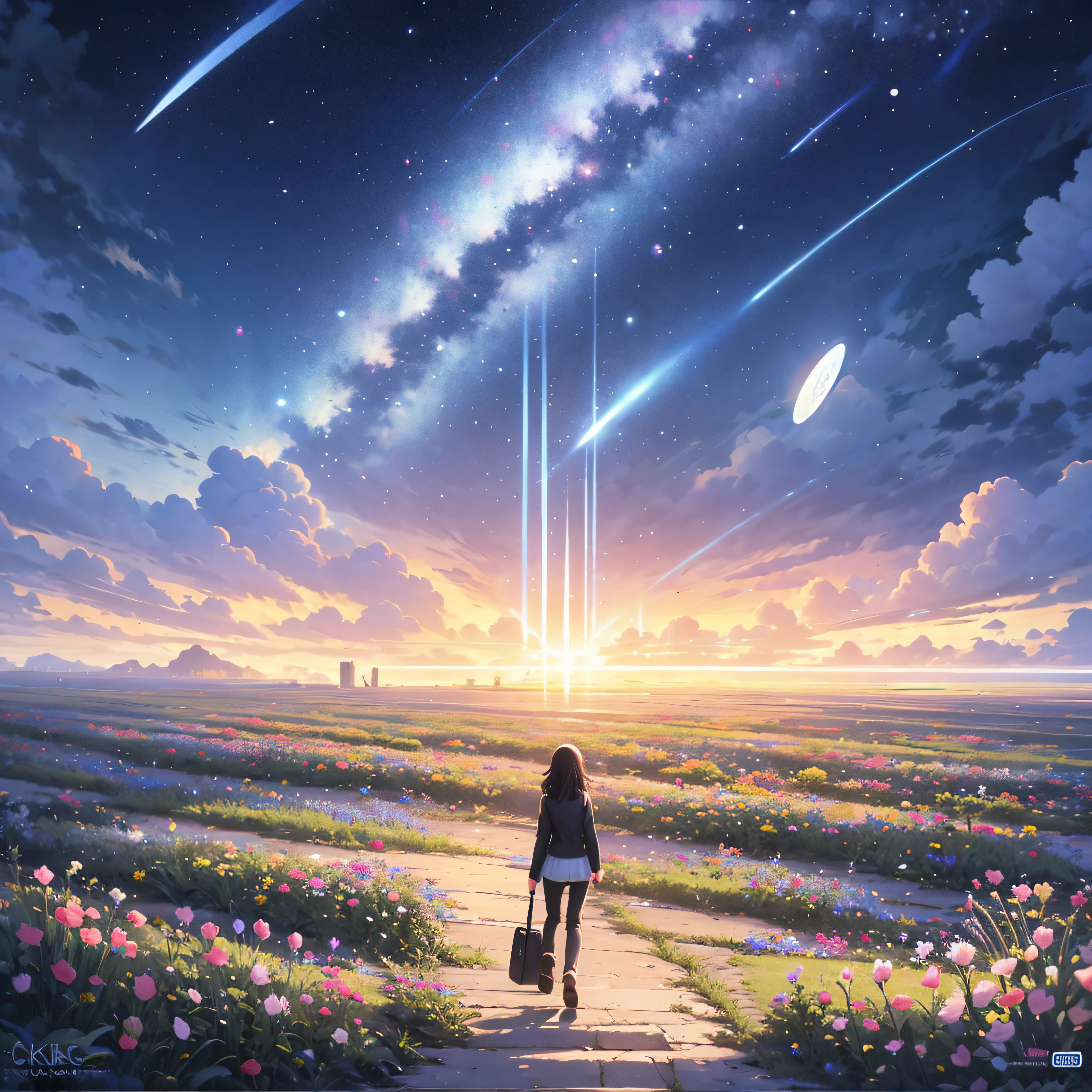 anime girl walking on a path in a field of flowers, makoto shinkai cyril rolando, anime art wallpaper 4 k, anime art wallpaper 4k, anime background art, anime beautiful peace scene, beautiful anime artwork, beautiful anime scene, 4k anime wallpaper, beautiful art uhd 4 k, anime art wallpaper 8 k, cosmic skies. by makoto shinkai