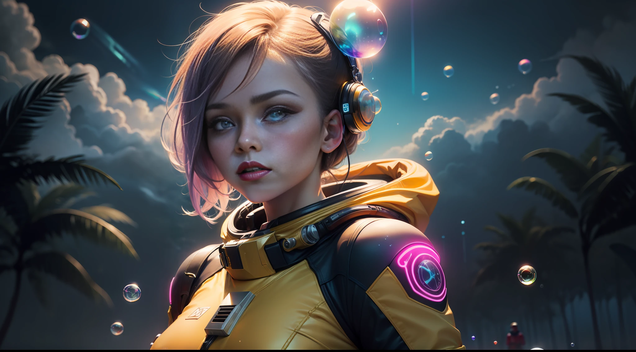hd masterpiece, one standing woman space cadet looking at camera, detailed face, mid shot, golden suit, ((colorful clouds)) and (((neon soap bubbles))), jungles background