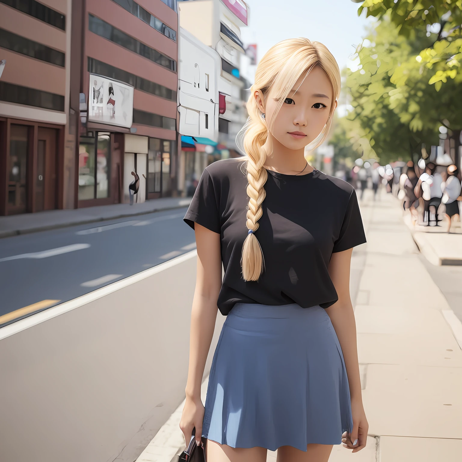 (Masterpiece), (RAW photo, best quality), Japanese idol wearing blue pleated skirt, on the street during the day, looking at the audience, light makeup real photo, with professional color adjustment, shot in 8K with F2.4 aperture and 35mm lens, realistic facial expression, close-up shot, shooting full body, short-sleeved clothes, long yellow hair tied in ponytail. --auto